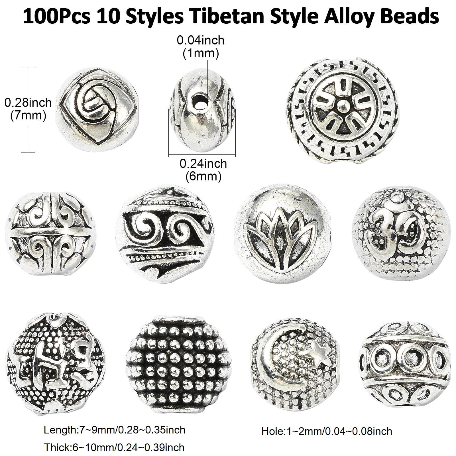 Stiesy 100Pcs 10 Styles Tibetan Style Alloy Round Beads 7mm 8mm 9mm Vintage Antique Silver Metal Spacer Beads Loose Beads for DIY Necklace Bracelet Jewellry Making Accessories - Image 2