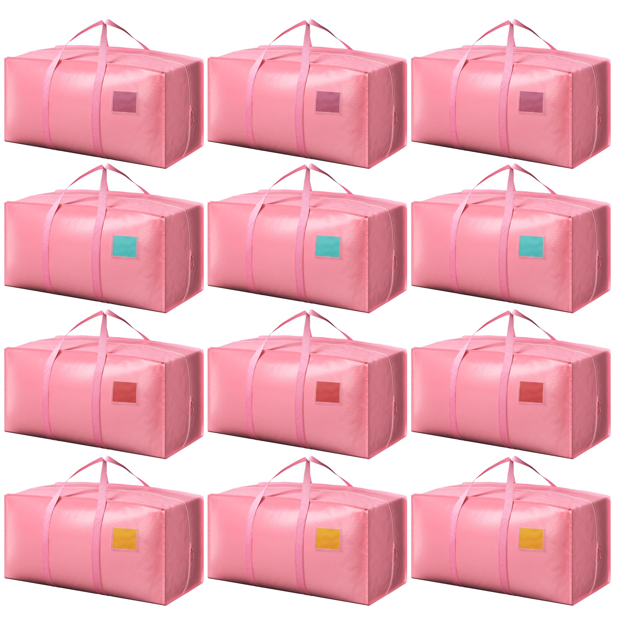 12 Pack Moving Bags with Full-Open Side Zipper, Extra Large 93L Heavy Duty Waterproof Foldable Storage Totes for College Dorm, Moving &amp; Home Organization Pink