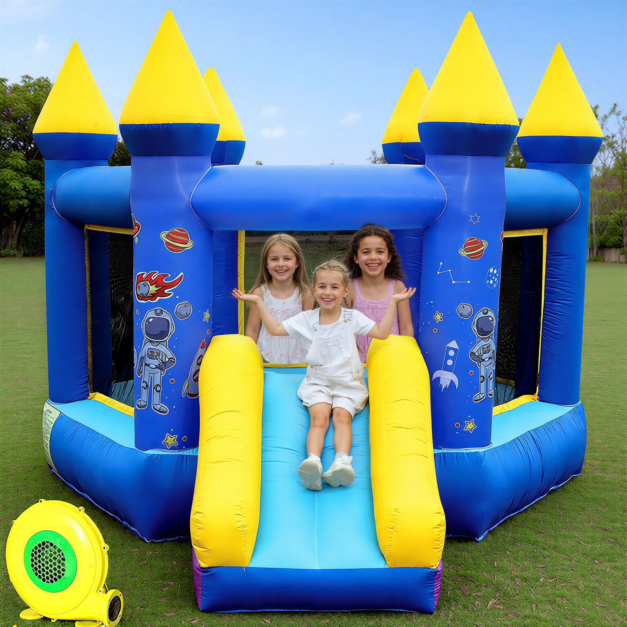 Inflatable Bounce House for Kids 3-10, 550W Blower Included Indoor Outdoor Bouncy House with Slide,Toddler and Infant Jumping Castle for Backyard,