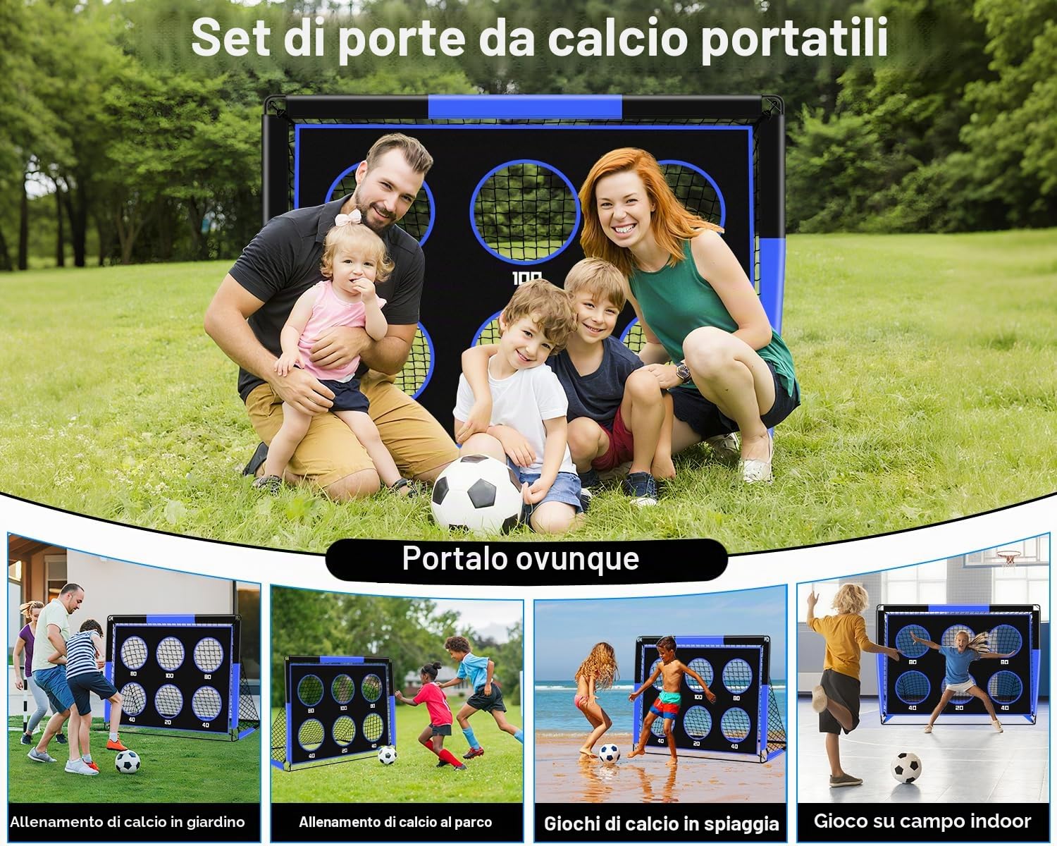 Porta da calcio 2 in 1 con parete con bersagli: porte da calcio pop-up per giardino, bambini e spazi aperti - Porta singola pieghevole con 6 bersagli, borsa per il trasporto per parco, spiaggia