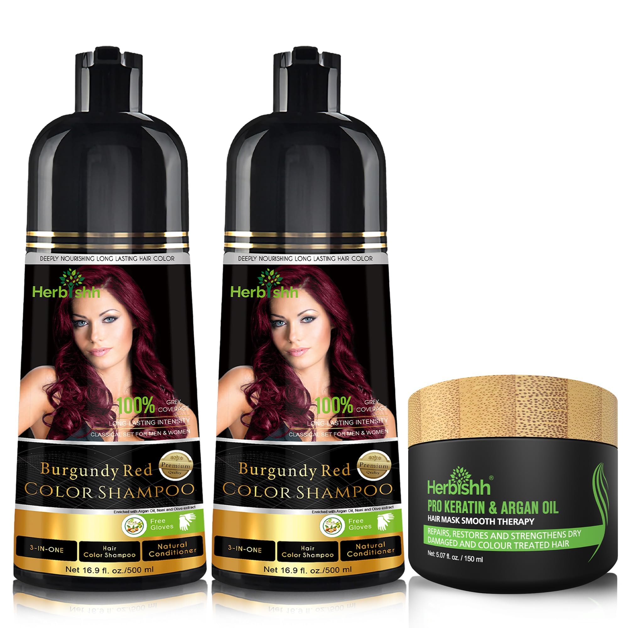 Combo Pack - Herbishh Color Shampoo for Gray Hair + Argan Intense Hair Mask - Long-lasting Dye, Colors in Minutes - Stimulates Dry, Frizzy Hair - 500 ml (Burgundy)