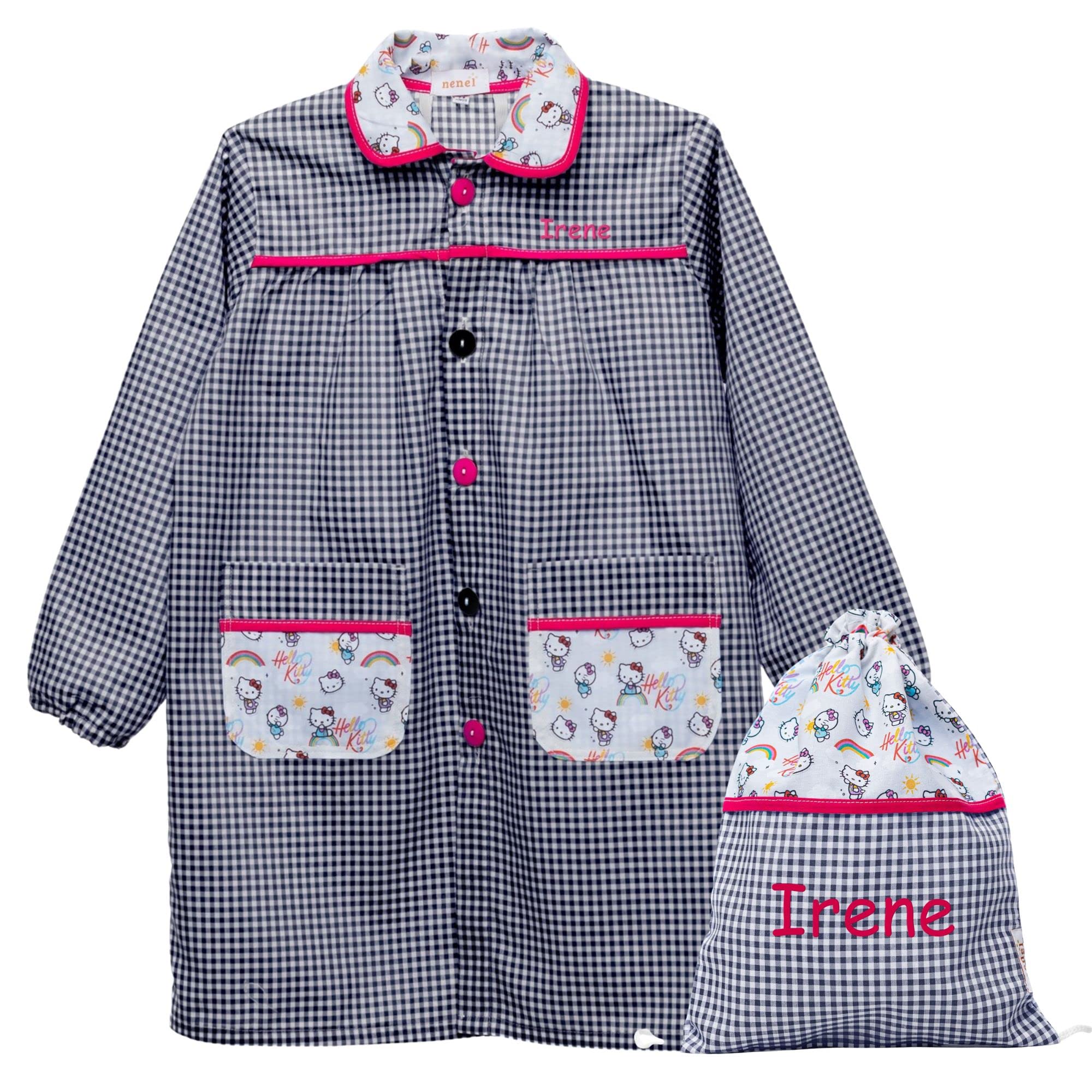 Nenel Conjunto Escolar para Colegio o guardería: Mandilón, babi o Bata Escolar + Bolsa merienda Bordado con el Nombre. Modelo Hello Kitty