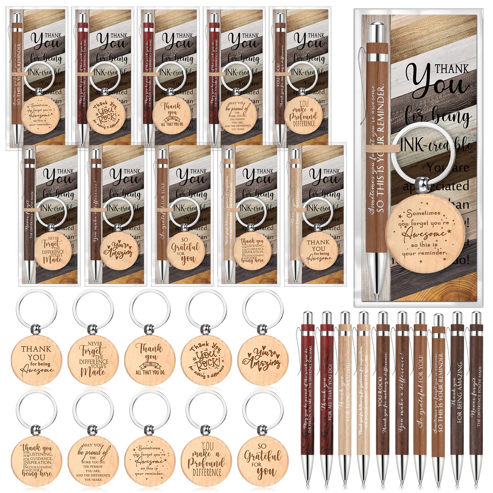 Dispowreath 40 Sets Appreciation Gift Bulk for Employee Bamboo Ballpoint Pen Inspirational Wooden Keychain Thank You Bookmark Card Set for Vet Tech