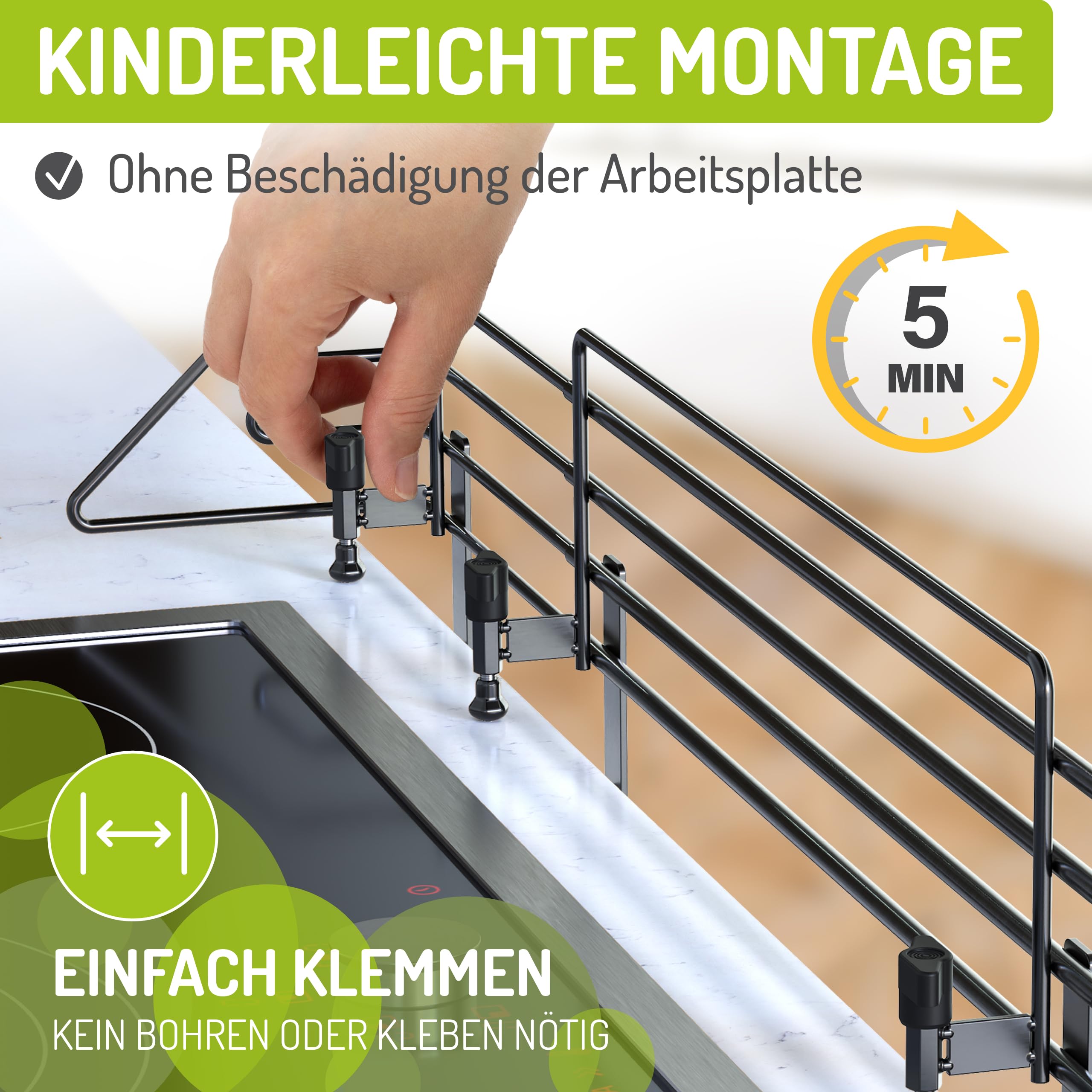 BOMI Herdschutzgitter Mowi ausziehbar von 64-110 cm zum Klemmen | Herdsicherung Ohne Bohren | Herdgitter spülmaschinenfest | Kinder Herdschutz Verstellbar | Kindersicherung Herd, Ceranfeld & Induktion