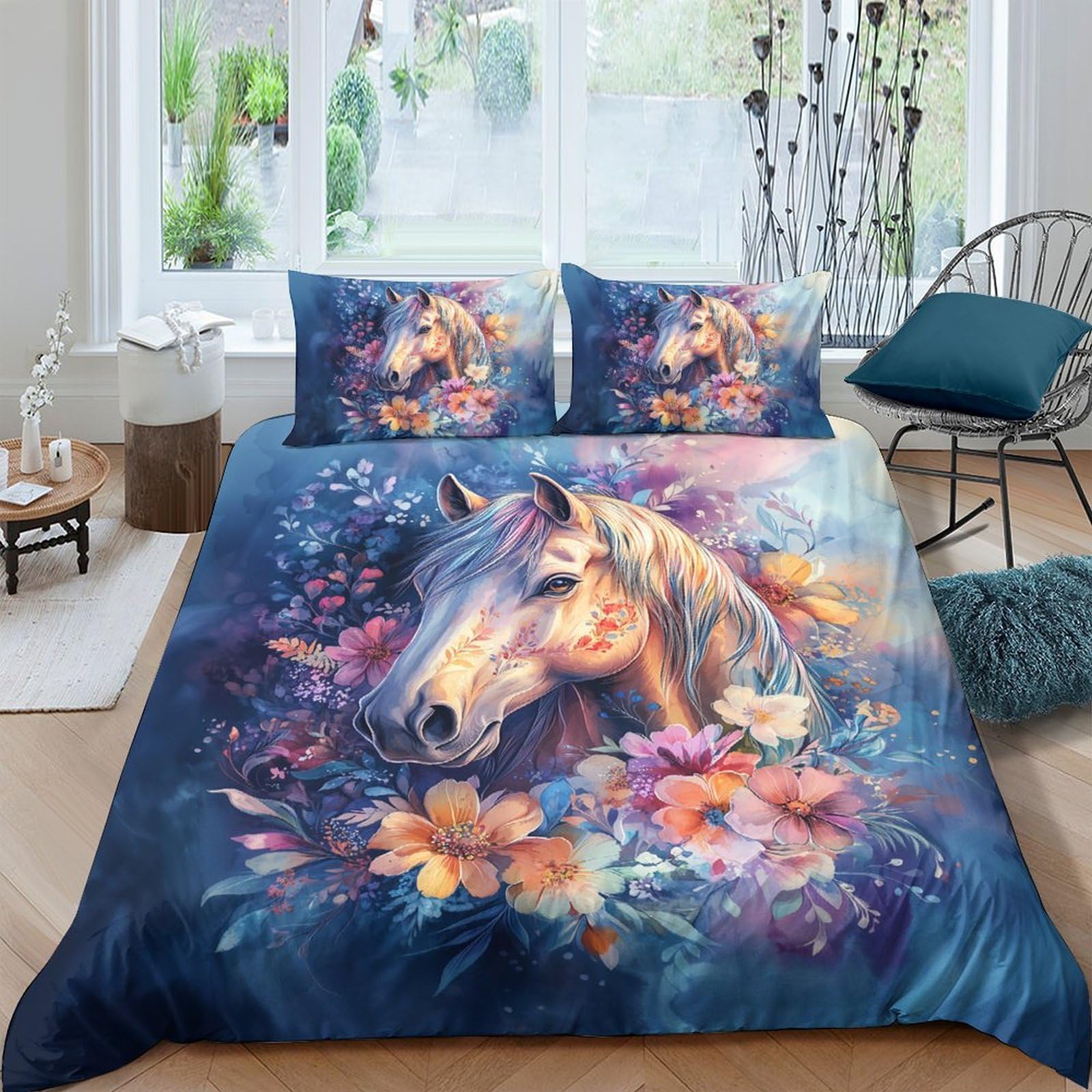P5V6M1Q9 3D Printed Watercolour Horse Duvet Cover Set Microfiber Soft Floral Bedding Set with 2 Pillowcases for Bedroom Decor Single（135x200cm）