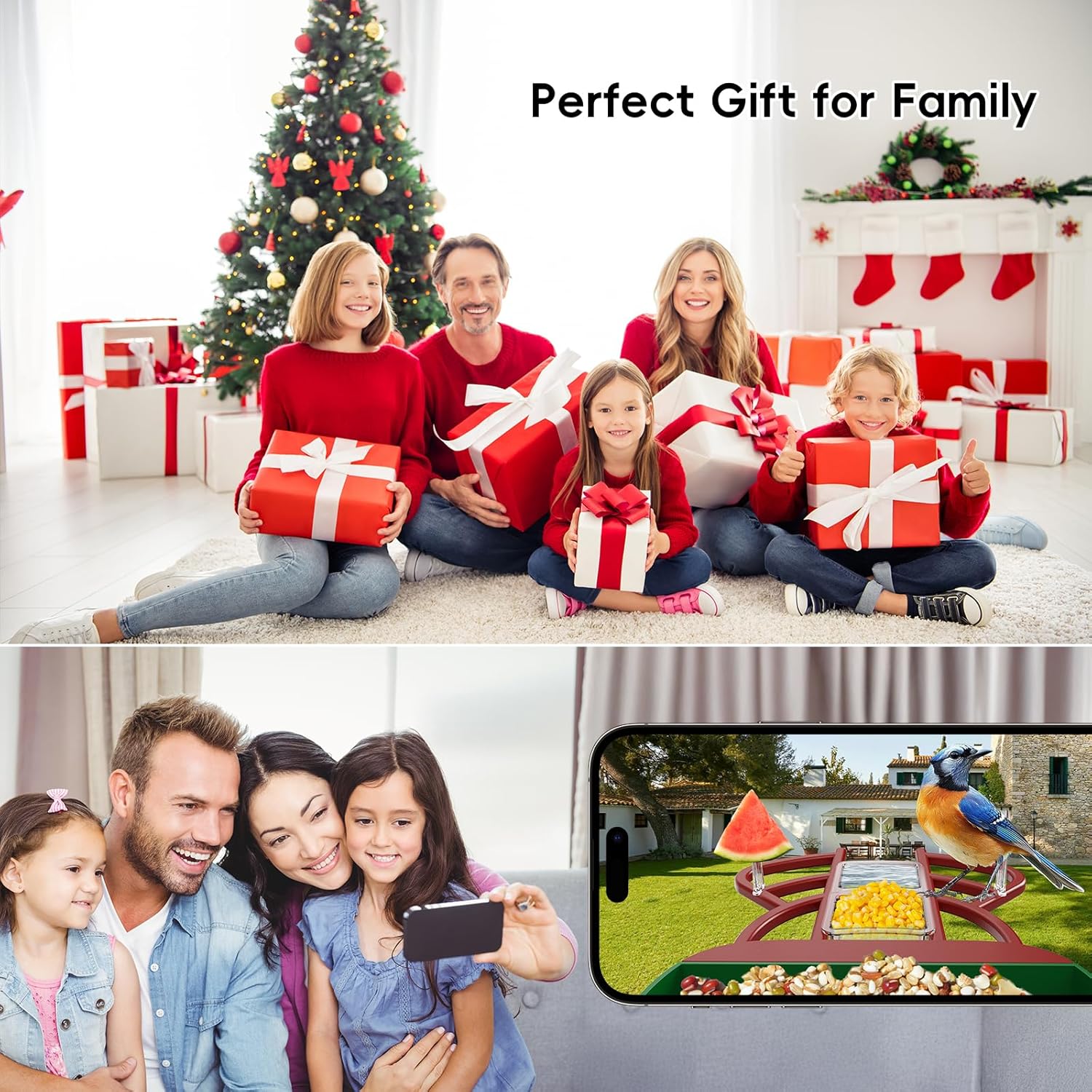 Smart Bird Feeder with Camera, Solar Panel & 5200mAh Battery, 4K HD Video, AI Identification, Instant Arrival Alerts & Alarm, IP65 Weatherproof, 32GB Card, 2L Capacity, for Bird Lover (Red Green)