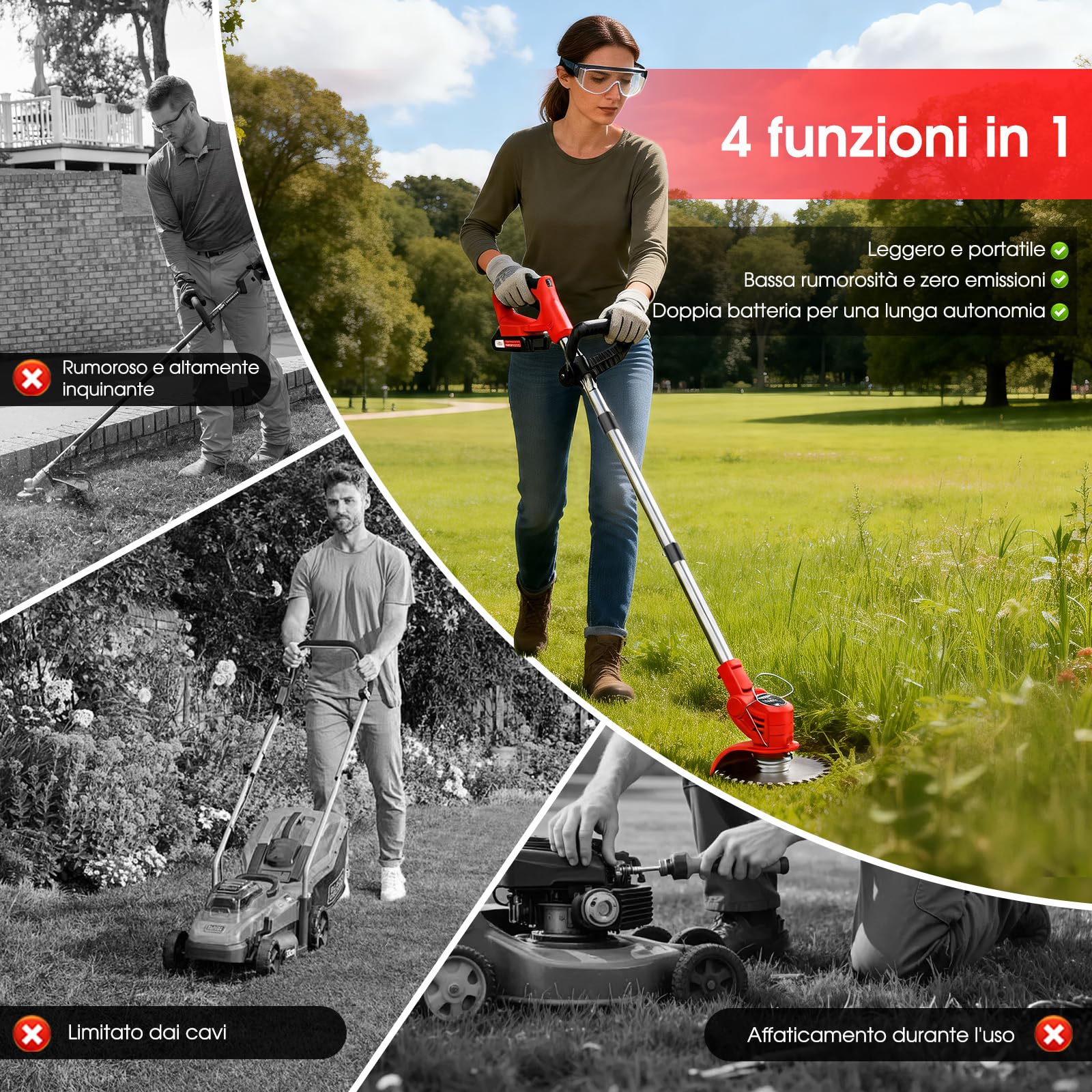 OUTIGO Tosaerba a batteria, Dotato di due batterie da 21 V, 4 lame, tosaerba triplo pieghevole, tosaerba da giardino a batteria per prati, arbusti e cespugli.