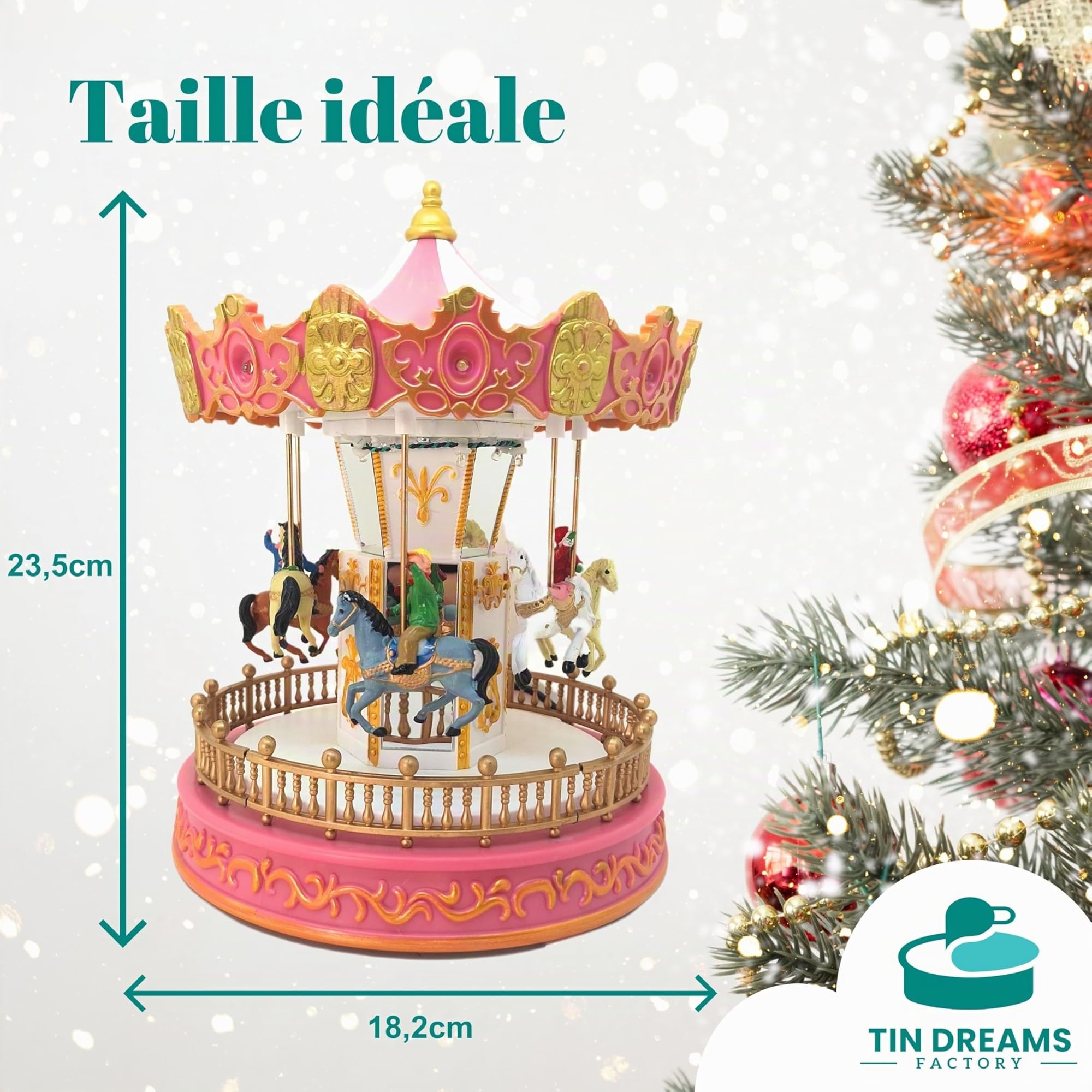 TIN Dreams | Petit Carrousel de Noël avec Mouvement, Musique et Lumières LED | Manège Musical | Village de Noël, Petite Ville, Miniature Christmas, Scène Animée Illuminée | Décoration Intérieur