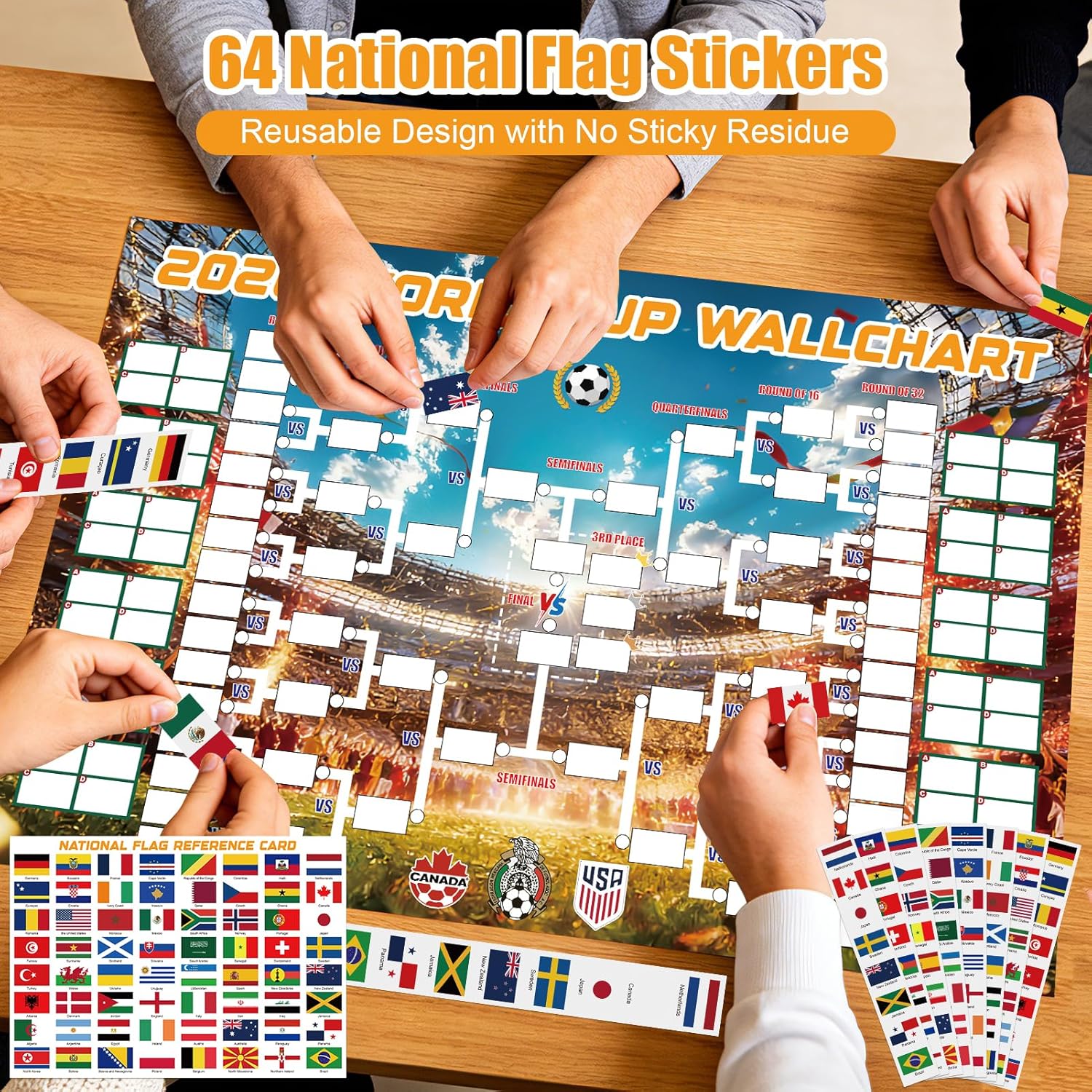 Condition photo showing New/Like New for k kernowo 2026 world cup wallchart set, diy soccer world cup schedule poster with 64 reusable national flag stickers, 31.5×23.6in double-sided bracket poster, party decoration gift for soccer fans 31.5''l×23.6''w