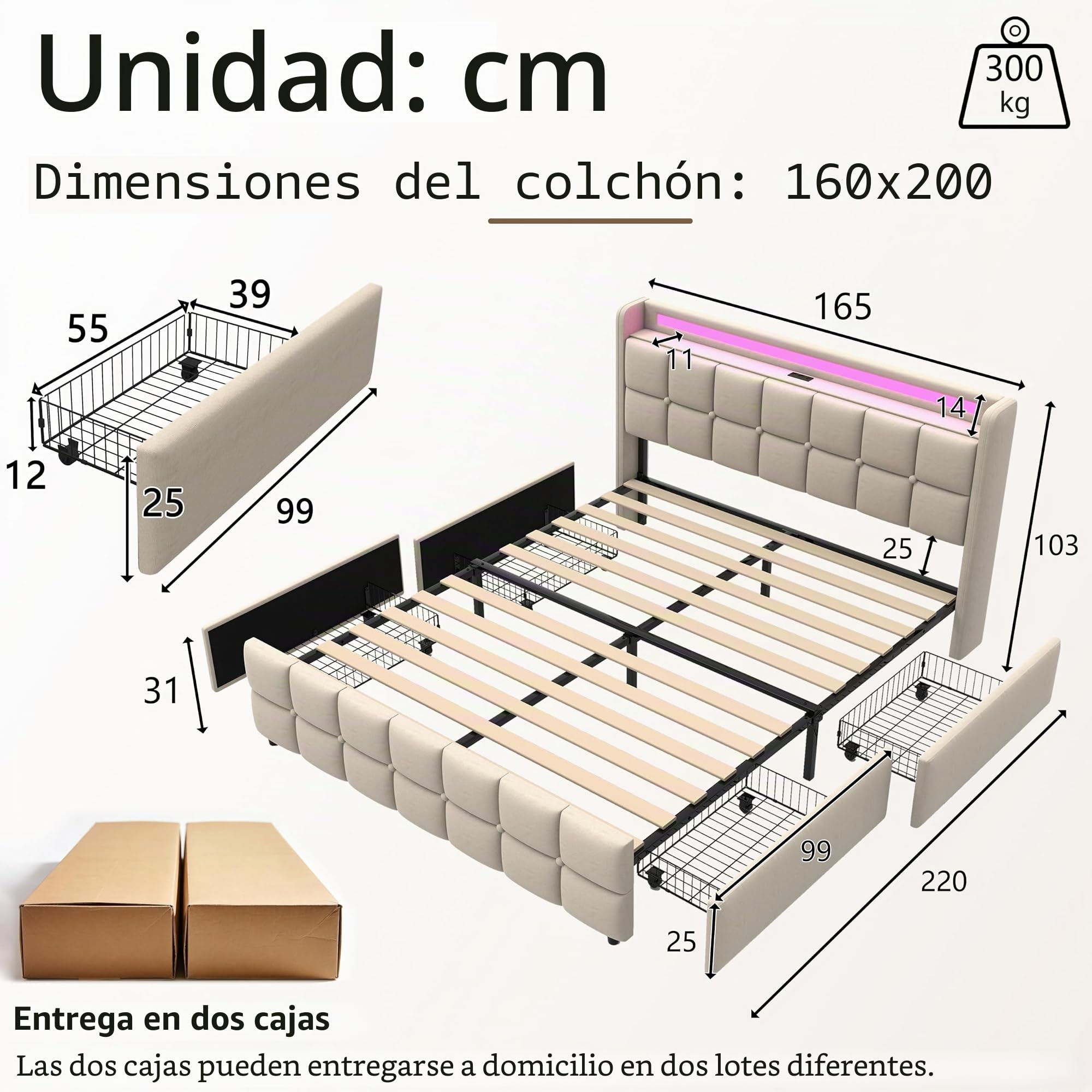 Marco de Cama tapizado, 160x200 cm, con 4 cajones de Almacenamiento, estación de Carga y cabecero LED, Cama Plataforma Moderna con Listones de Madera, Lino, Beige