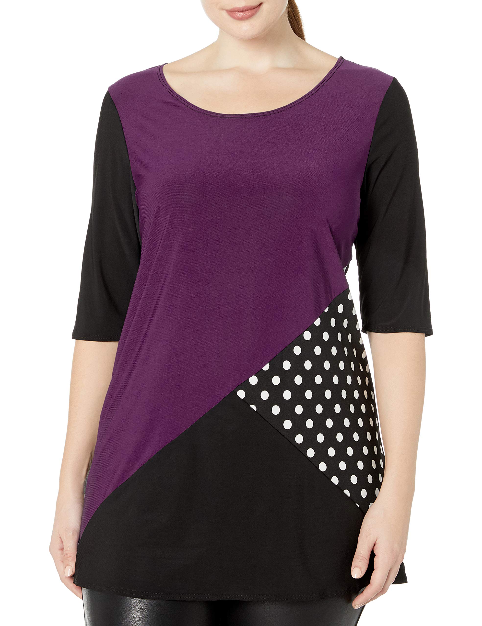 Star Vixenwomens 3/4 Sleeve Scoop Neck Tunic-length Colorblock Ity Knit Top With Polka Dot Inset Blouse