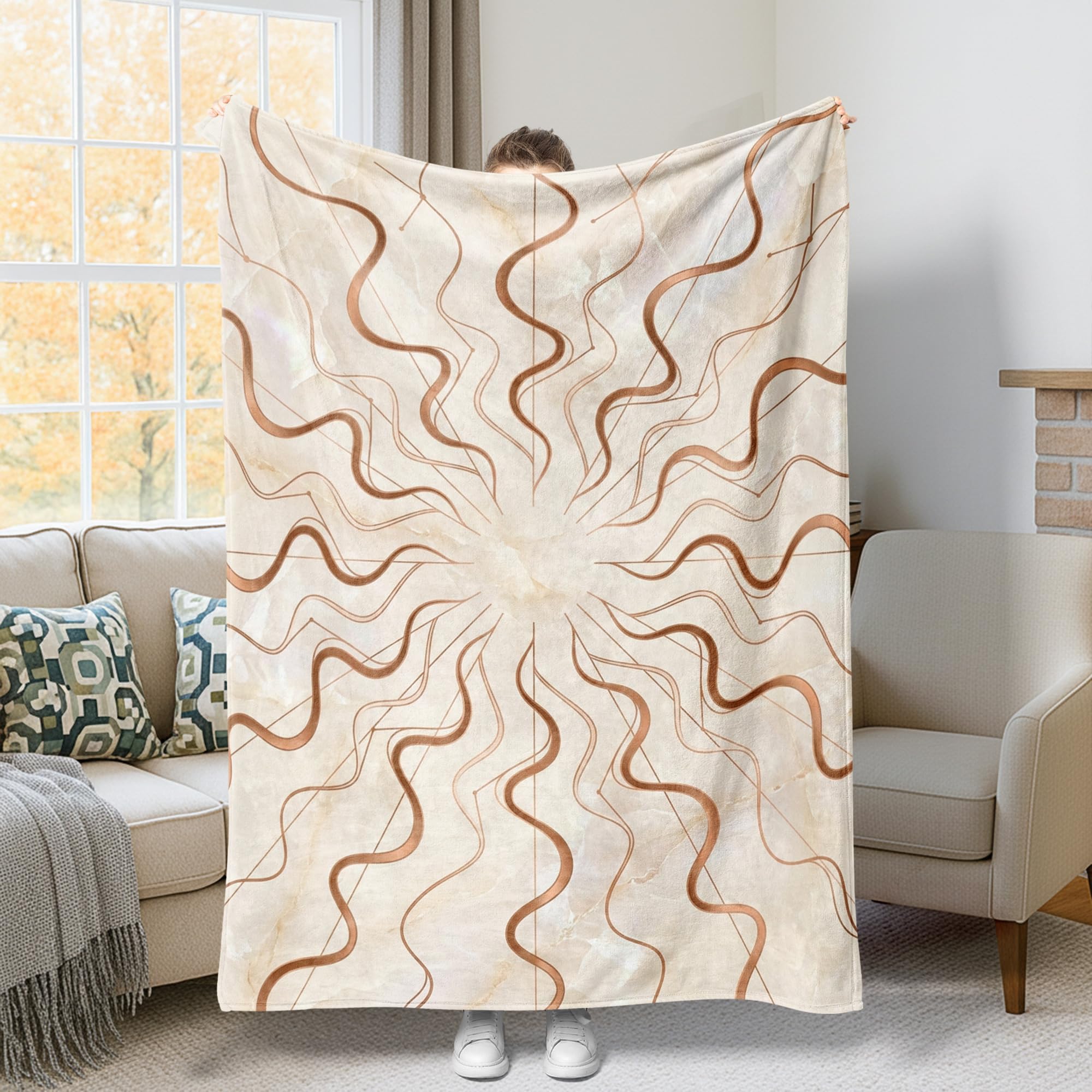 Couverture ondulée beige aux lignes solaires | Douceur et chaleur pour votre foyer