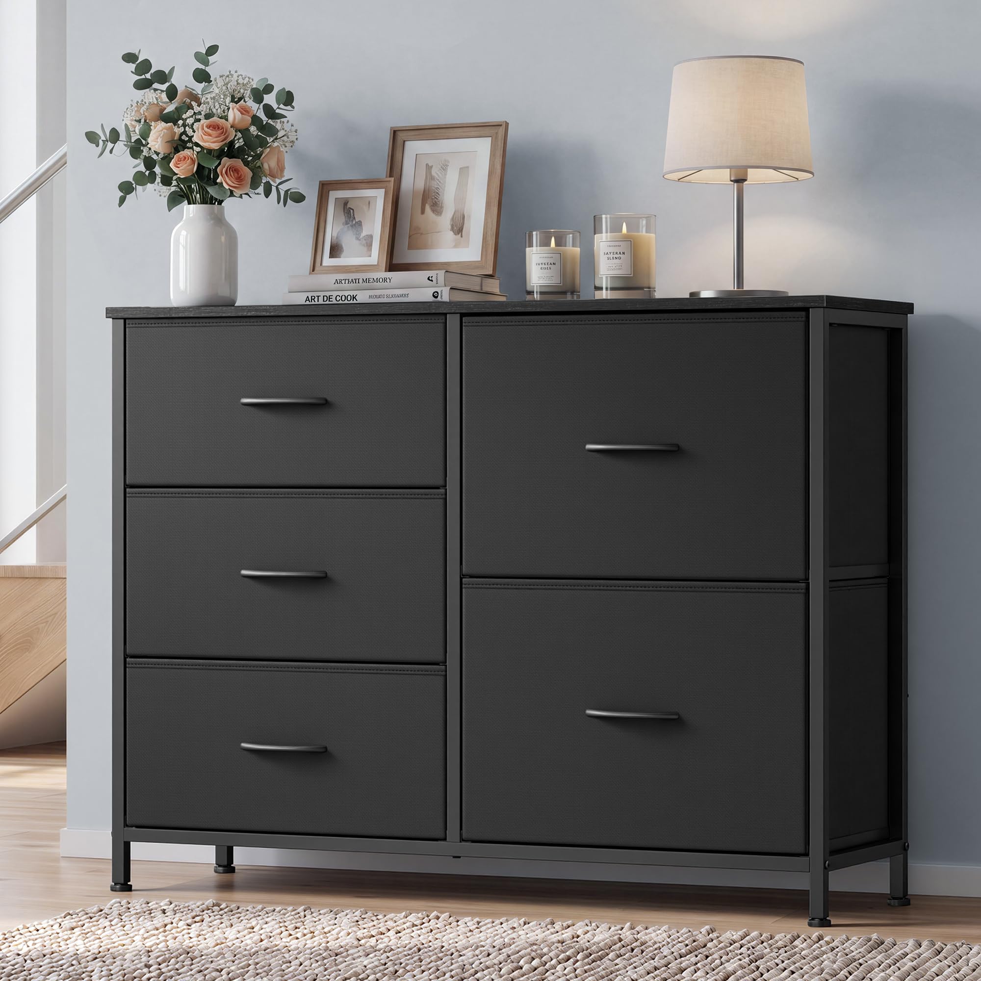 SONGMICS Chest of Drawers, 5 Fabric Drawers Storage Unit, Sturdy Steel Frame, Wooden Top, 98.7 x 30 x 74.7 cm, for Bedroom, Closet, Hallway, Living Room, Ink Black LGS235B101