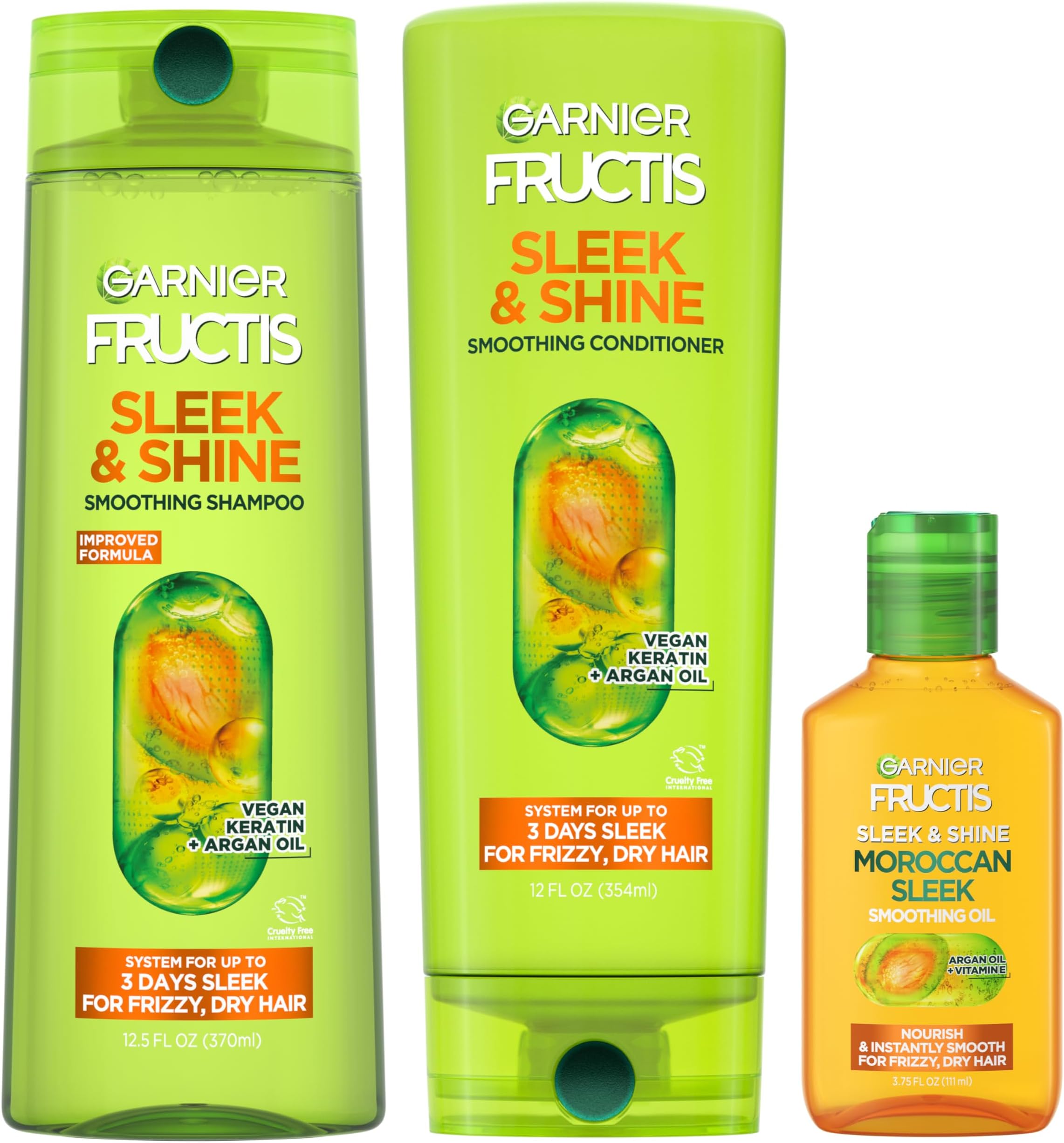 Garnier Fructis Sleek & Shine Shampoo, Conditioner + Moroccan Sleek Oil Set for Frizzy, Dry Hair, Argan Oil (3 Items), 1 Kit (Packaging May Vary)