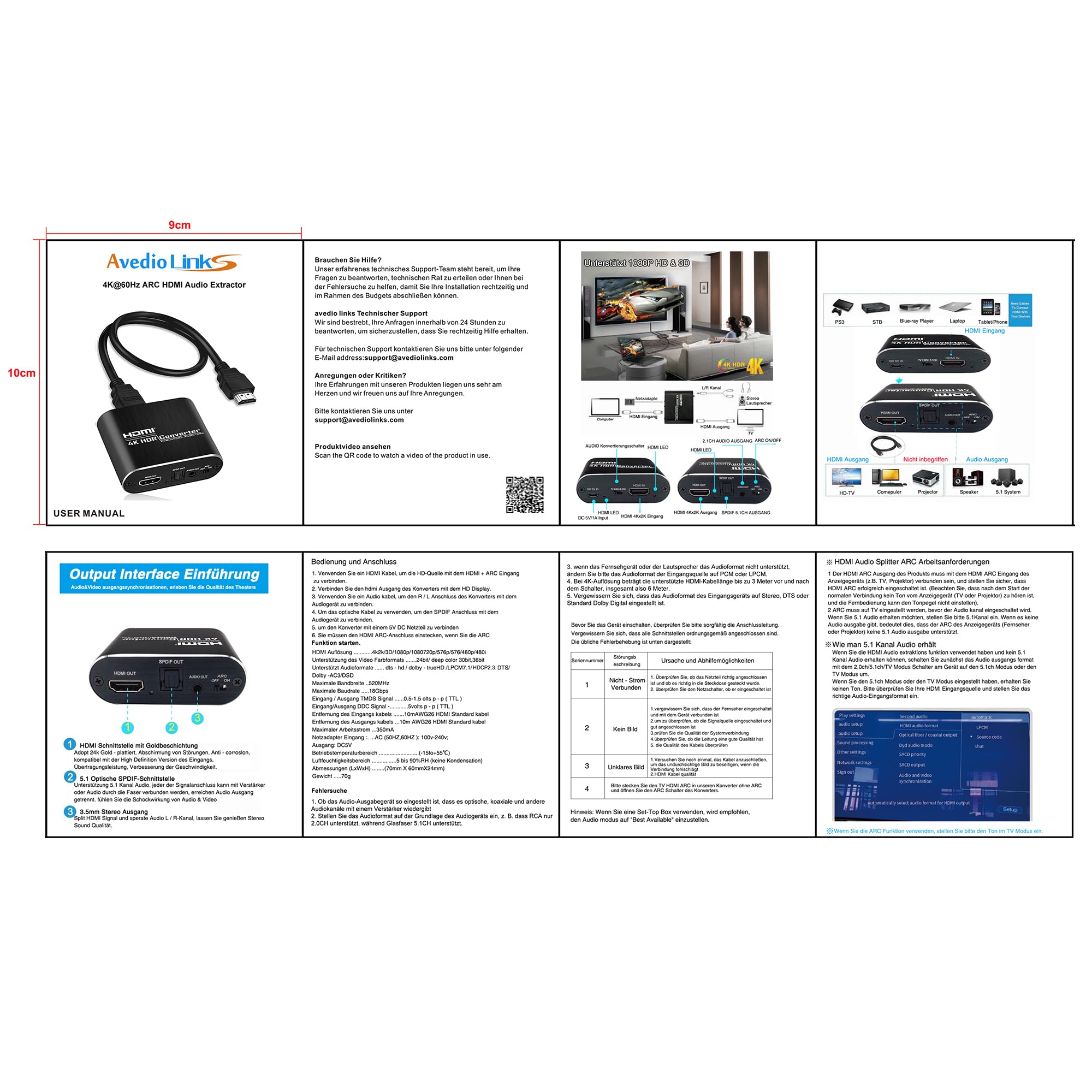 avedio links HDMI Audio Extractor, 4K@60Hz hdmi zu Optical Toslink SPDIF + 3,5mm AUX Stereo, HDMI ARC audio Converter Adapter Splitter Unterstützung HDCP1.4 1080P 3D