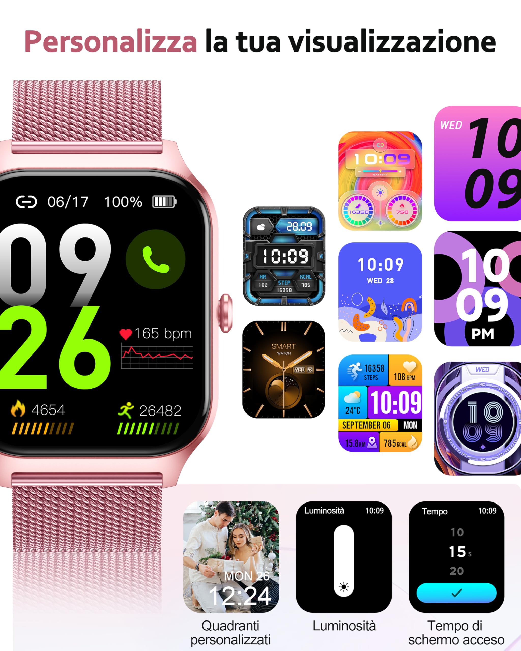 Popglory Smartwatch Uomo Donna, 1.85" Orologio Chiamate, Assistente AI, 100+ modalità Sportive Fitness Watch, Frequenza Cardiaca/SpO2/Pressione Sanguigna/Sonno/Stress, Regalo Android iOS (2 Cinturini)