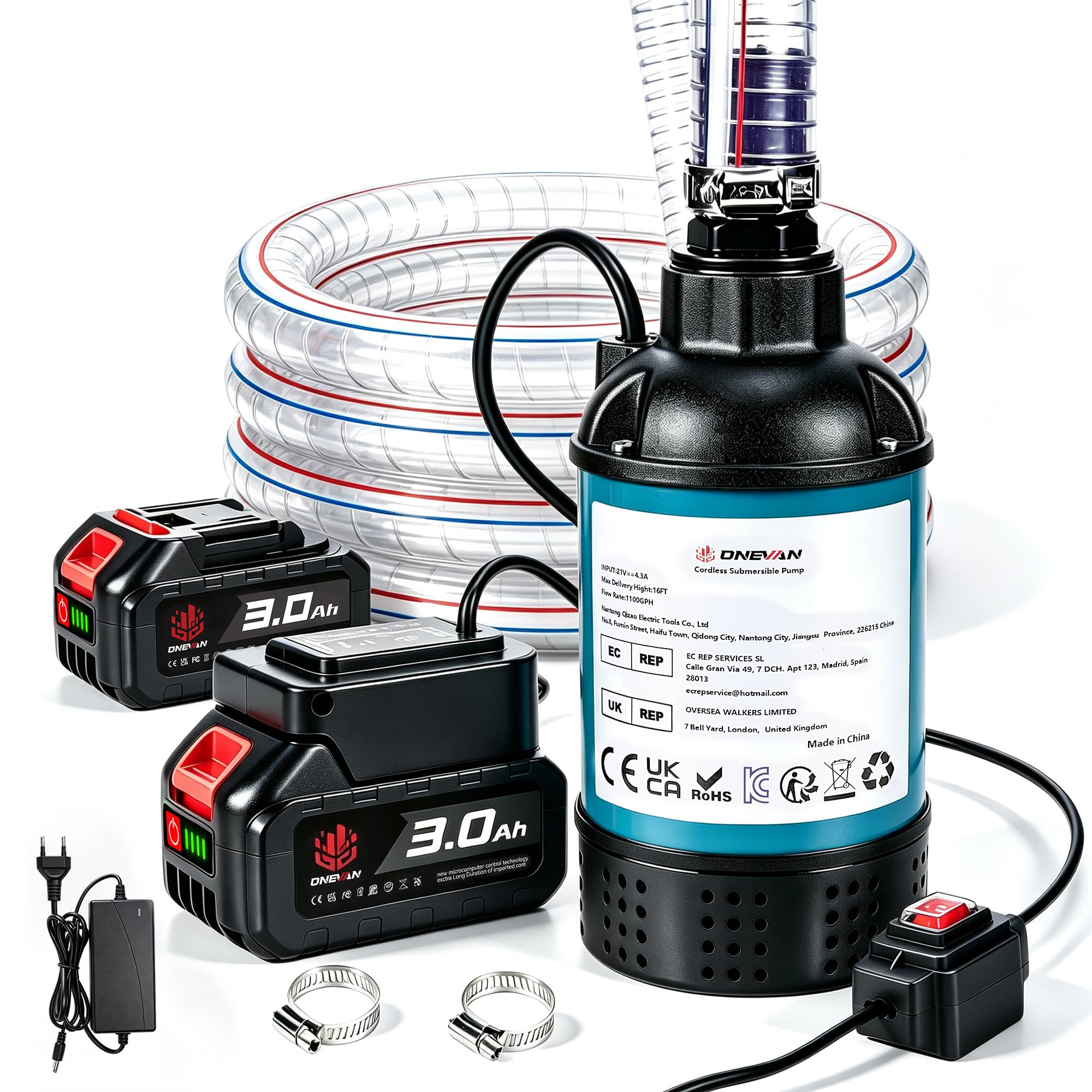 ONEVAN 4164L/H Bomba de agua sumergible 2x3.0Ah batería y manguera 2m para | 60 minutos autonomía, vacía una bañera de 1100 litros en 16 minutos, motor sin escobillas, para piscinas, jardines y jacuzzis