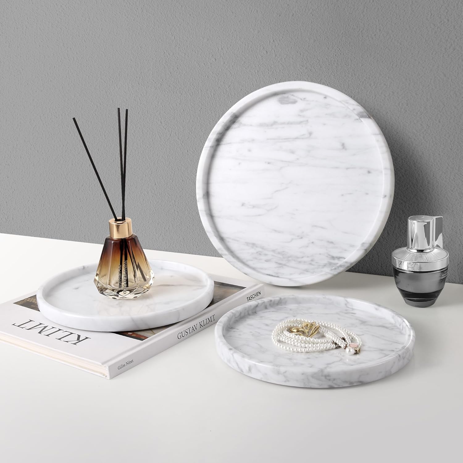 Decorative Round Marble Tray,8 Inches Diameter, Natural White Stone Vanity Organizer