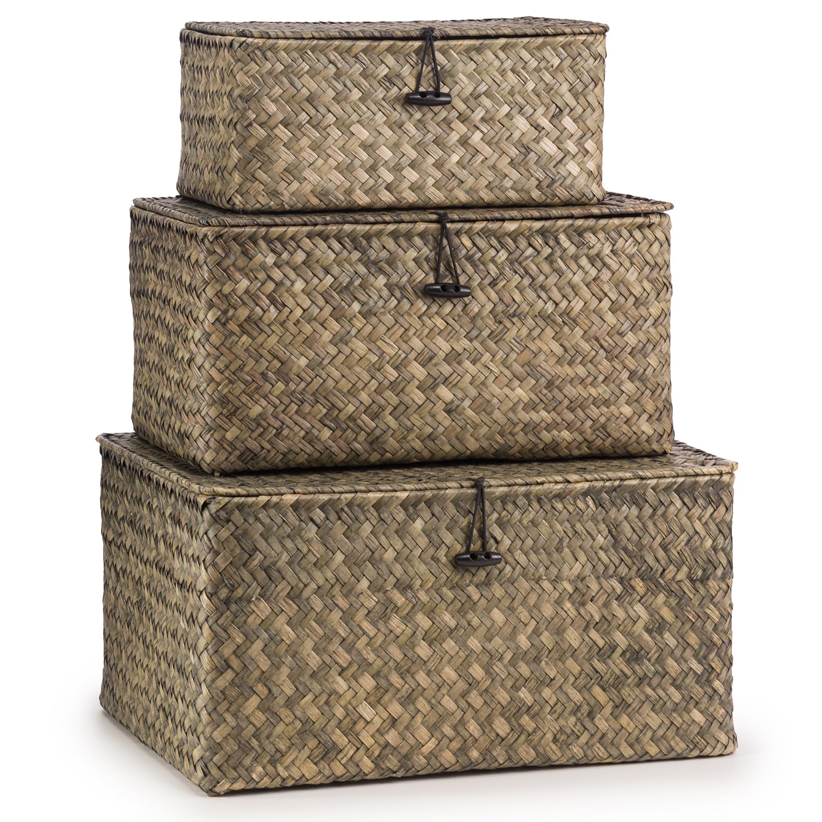 Woodluv Set of 3 Seagrass Storage Box with Lid, Woven Storage Baskets for Shelves, Storage Organiser Hamper Baskets, Green