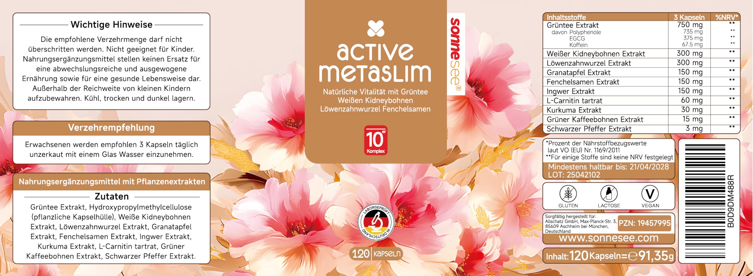 MetaSlim 10 fach Pflanzlicher Stoffwechsel-Komplex mit Grüntee L-Carnitin Kurkuma Löwenzahn & Kidneybohne Synergieformel Vegan 120 Kapseln