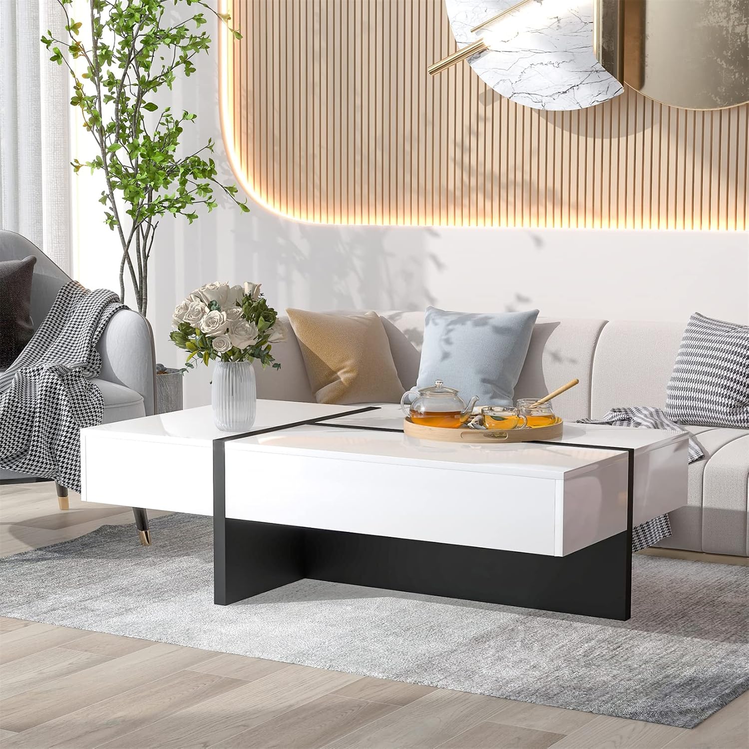 Coffee Table with Storage for Living Room Modern Rectangle Center Table with High Gloss Surface Contemporary Tea Table for Sofa, White