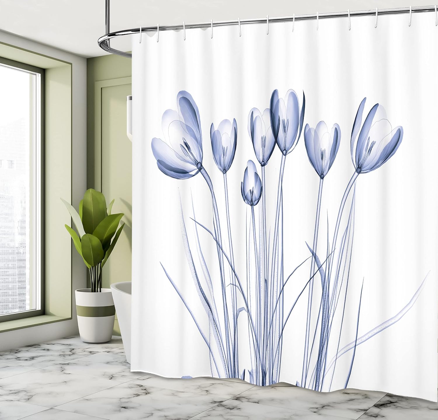 Ambesonne Flower Shower Curtain, X-ray Image of Tulips Solarized Effect Nature Inspired Illustration, Cloth Fabric Bathroom Decor Set with Hooks, 69" W x 84" L, Navy Blue