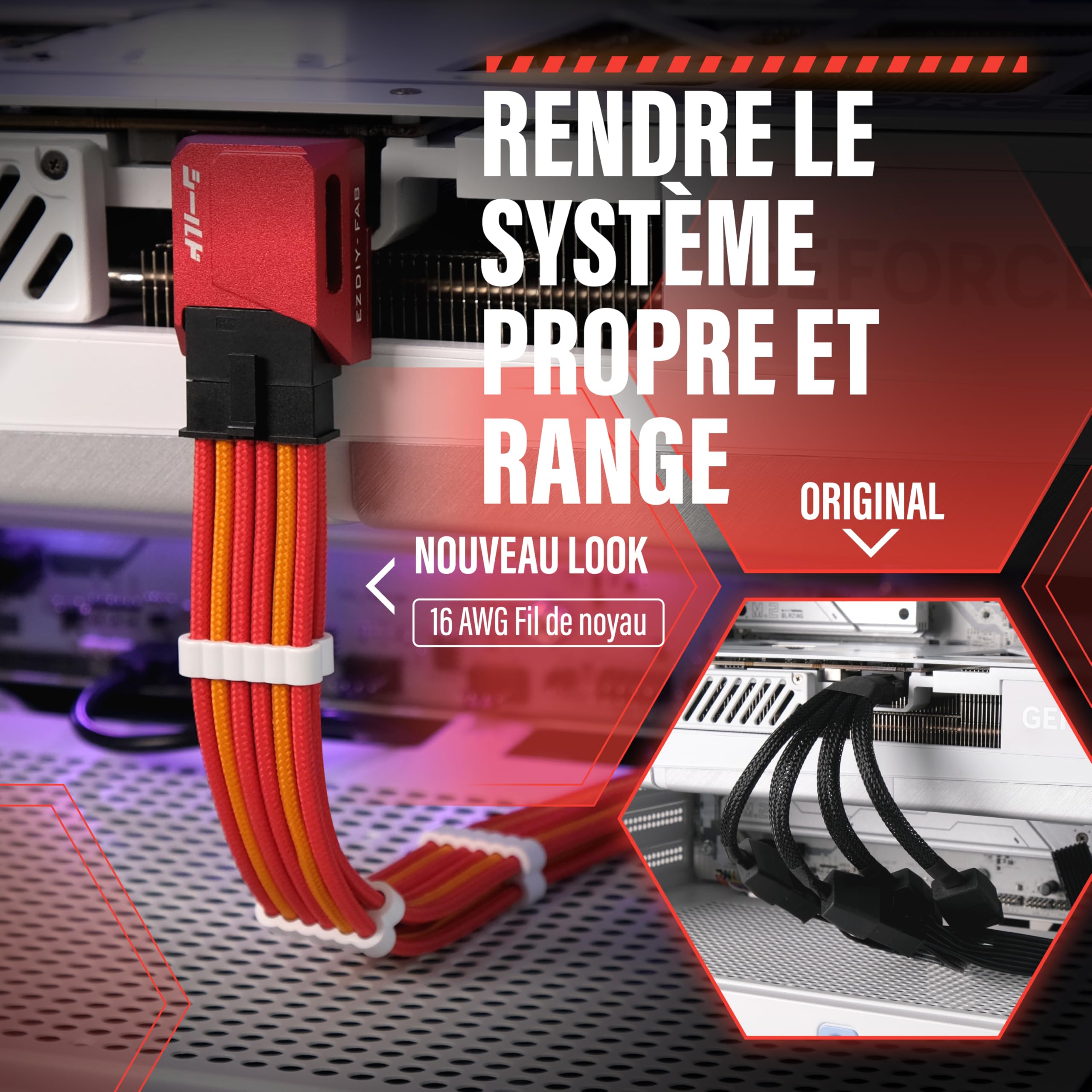 EZDIY-FAB Extension de câble GPU Power Sleeved, connecteur 16pin(12+4) PCIe 5.0 mâle à 3X PCIe 8 broches pour RTX4070Ti Super, 4080 Super, 4090, avec peignes de câble pré-installés -16AWG/ rouge jaune