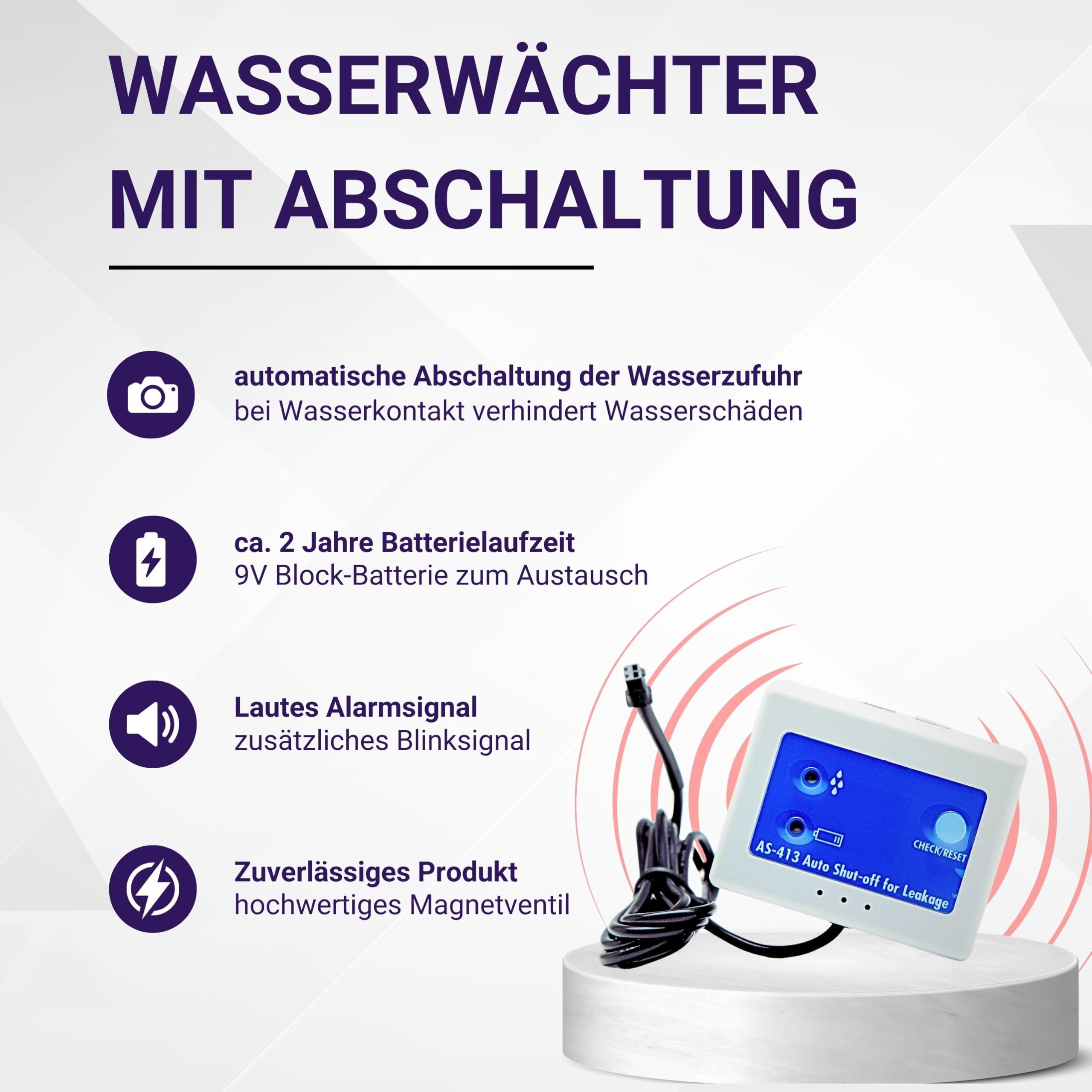 Wassermelder mit Abschaltung, automatisches Magnet-Absperrventil 3/8 Zoll, schließt sofort bei Wasserkontakt die Wasserleitung, schützt vor Wasserschäden, für Filteranlagen, Osmose-Anlagen, Quooka