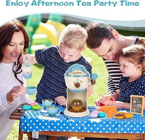 Miniatura 2 de Juego de té para niñas Noetoy 46 piezas de juego de fiesta de té de la tarde con postre galletas donut cafetera de juguete y estuche de transporte