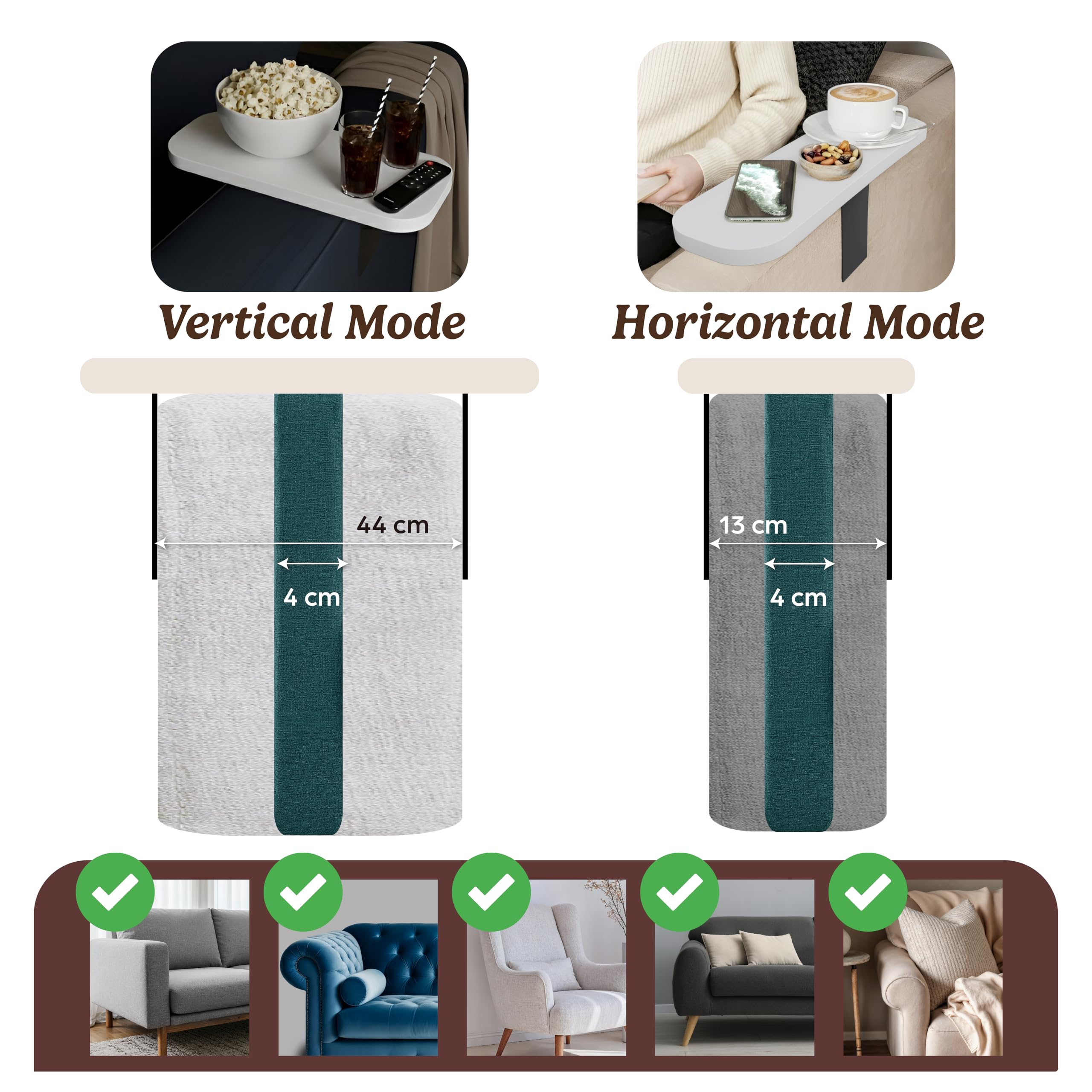 LeoHome Sofa Tablett für Armlehne – Verstellbare Couch-Ablage & Getränkehalter – Längs & Quer für Breite & Schmale Lehnen – Wasserfestes, Robustes MDF (38 x 14 cm), Weiß