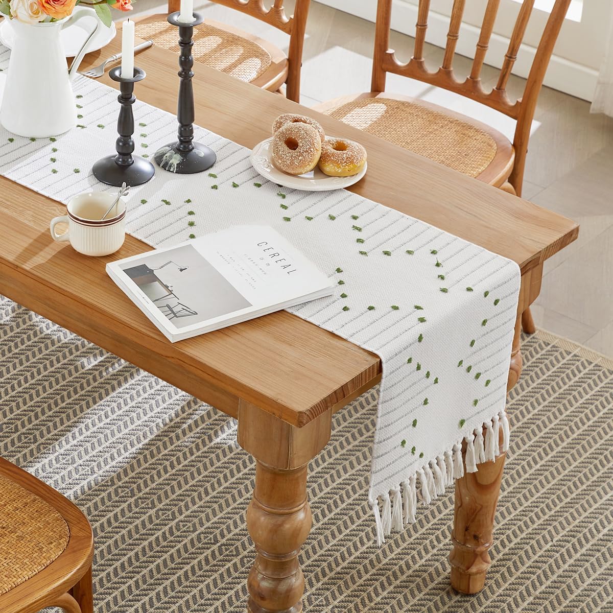 Wracra Boho Table Runner, Natural Cotton Woven Macrame Table Runners 90 Inches Long for Modern Farmhouse Woven Home Decor, 14x90 Inch, Green