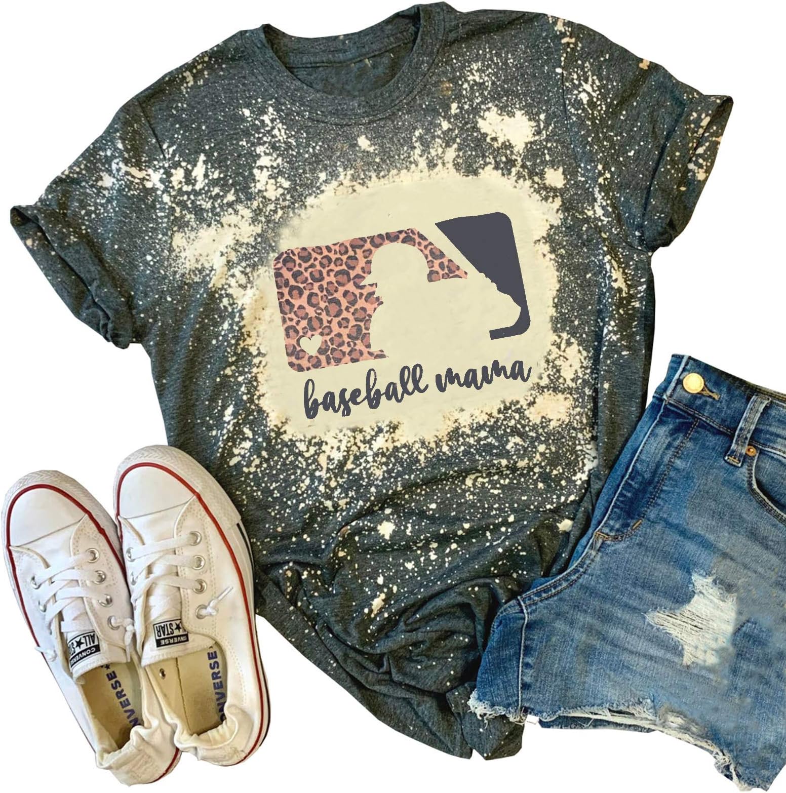 ZIFOTABaseball Mama Bleached T-Shirt for Women Funny Leopard Graphic Mama Distressed Shirt Letter Print Baseball Mom Tee Tops