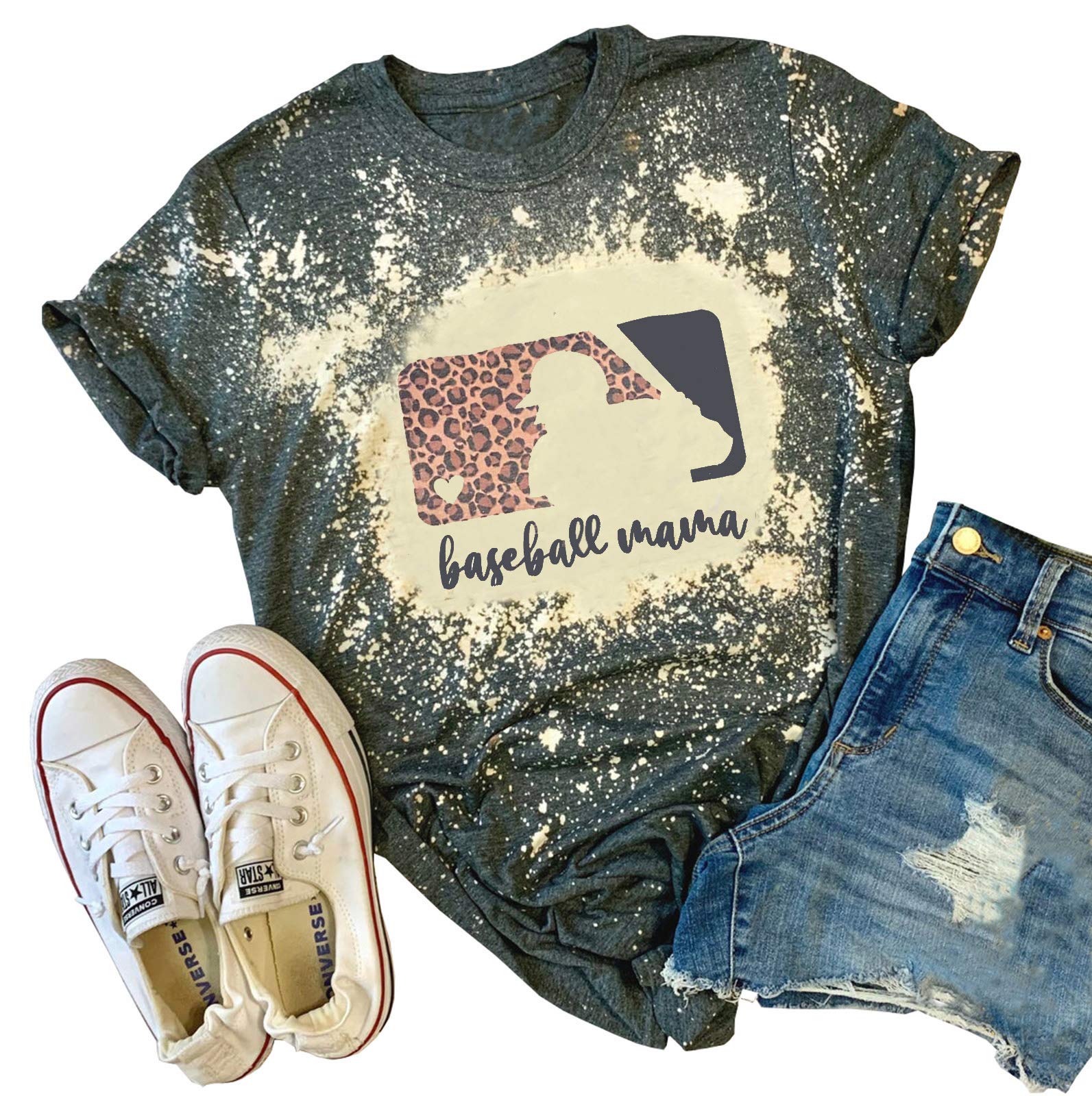 ZIFOTABaseball Mama Bleached T-Shirt for Women Funny Leopard Graphic Mama Distressed Shirt Letter Print Baseball Mom Tee Tops