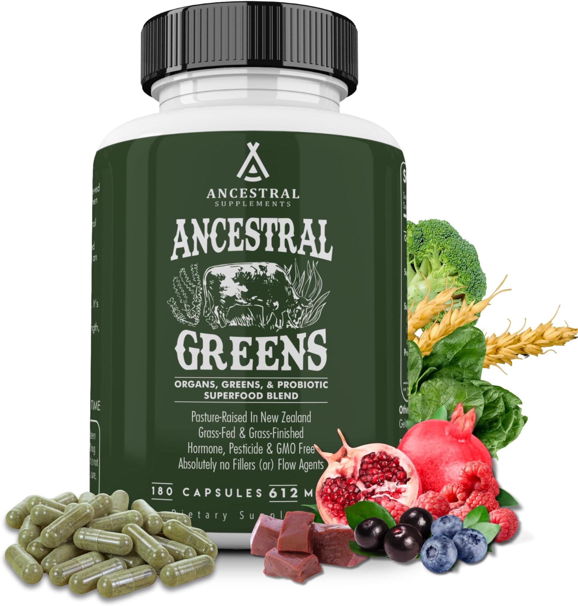 Greens Powder Capsules, Organic Superfood Greens & Reds Blend with Spirulina, Chlorella, Grass Fed Beef Organs, and Probiotics for Gut Health, Non GMO, 612mg Each, 180 Count