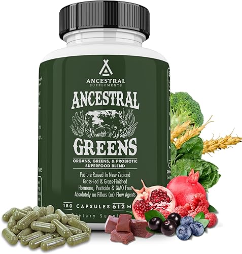 Ancestral Supplements Greens - Cápsulas en polvo, mezcla orgánica de verduras y rojos con espirulina, clorella, órganos de carne alimentados con