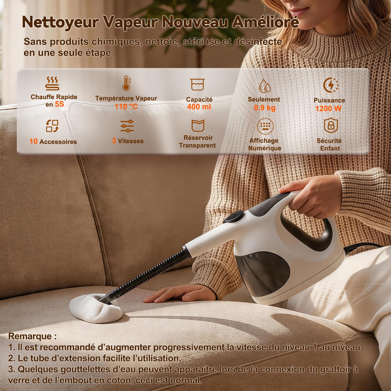 Nettoyeur Vapeur à Main 5S Chauffe Rapide, Steam Cleaner Poids Optimisé (Seulement 0.92 kg), 400ML Réservoir Transparent (Remplissage Facile),avec 10 Accessoires