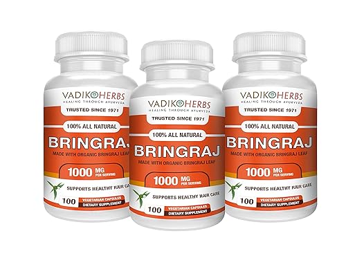 Vadik Herbs Certificado Orgánico Bringraj (Eclipta erecta, Eclipta alba) Polvo 3 Botellas Cápsulas