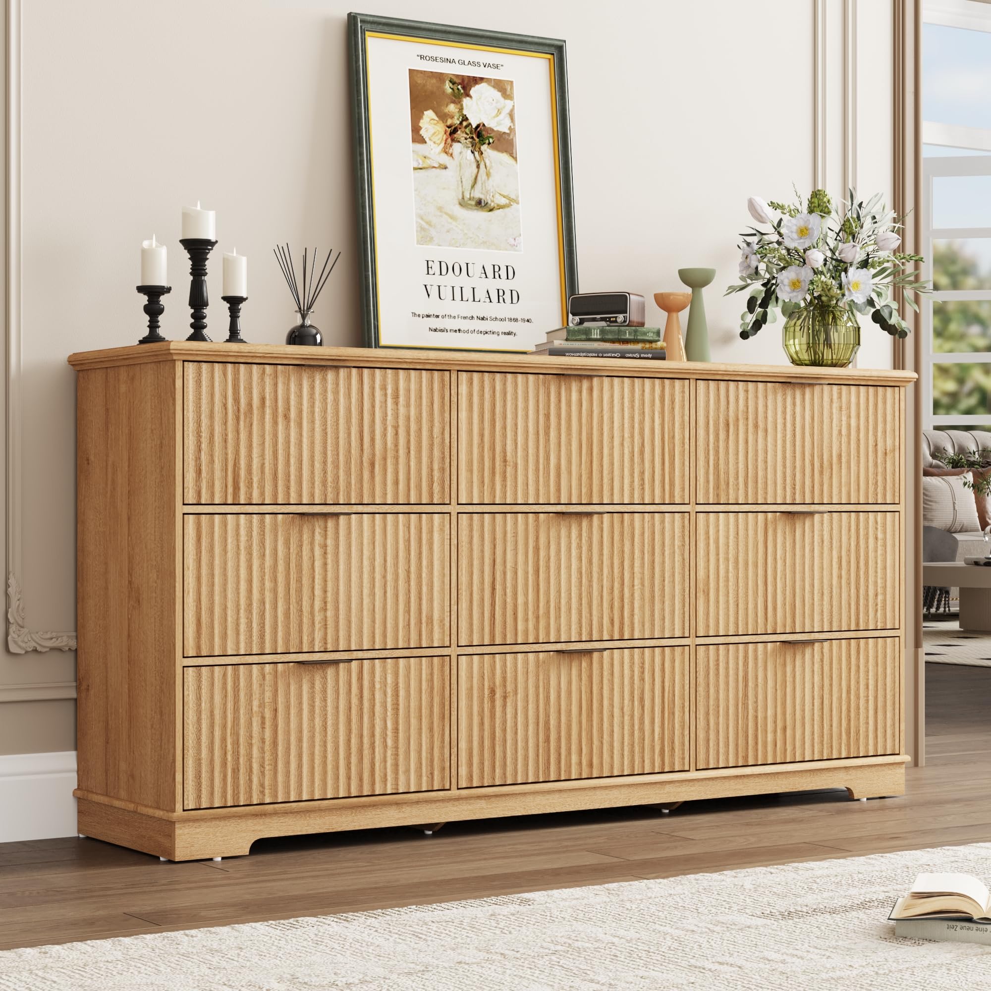 Fluted 9 Drawers Dresser for Bedroom, 63