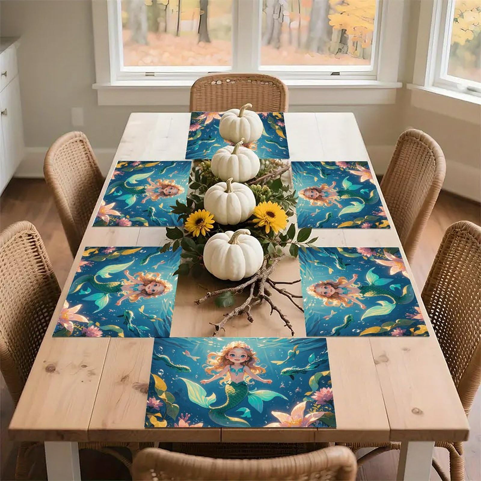 Mermaid Place Mat for Restaurant, Portable Table Mat for Kitchen, Anti-Slip Placemats for Home, Fashionable Place Mats for Wedding, Party, Hotels, Apartments 30x45cm*6