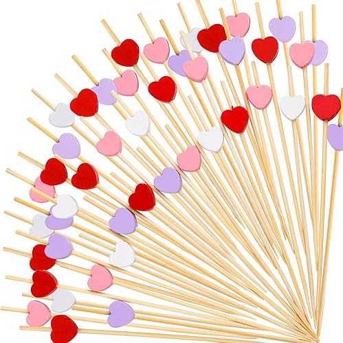 FOIMAS 200 palillos de bambú en forma de corazón, rojo, rosa, morado, para aperitivos, frutas, alimentos, pasteles, día de San Valentín, fiesta,