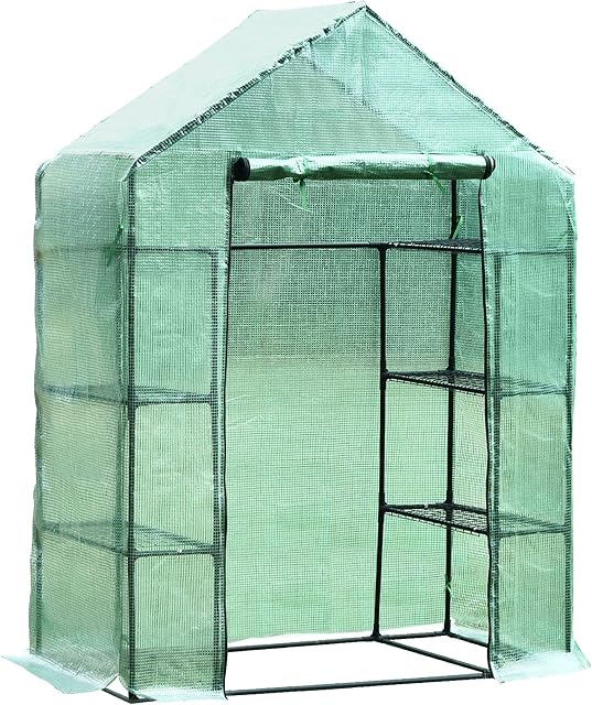 Outsunny Walk in Garden Greenhouse with Shelves Polytunnel Steeple Green house Grow House Removable Cover 143x73x195cm, Green