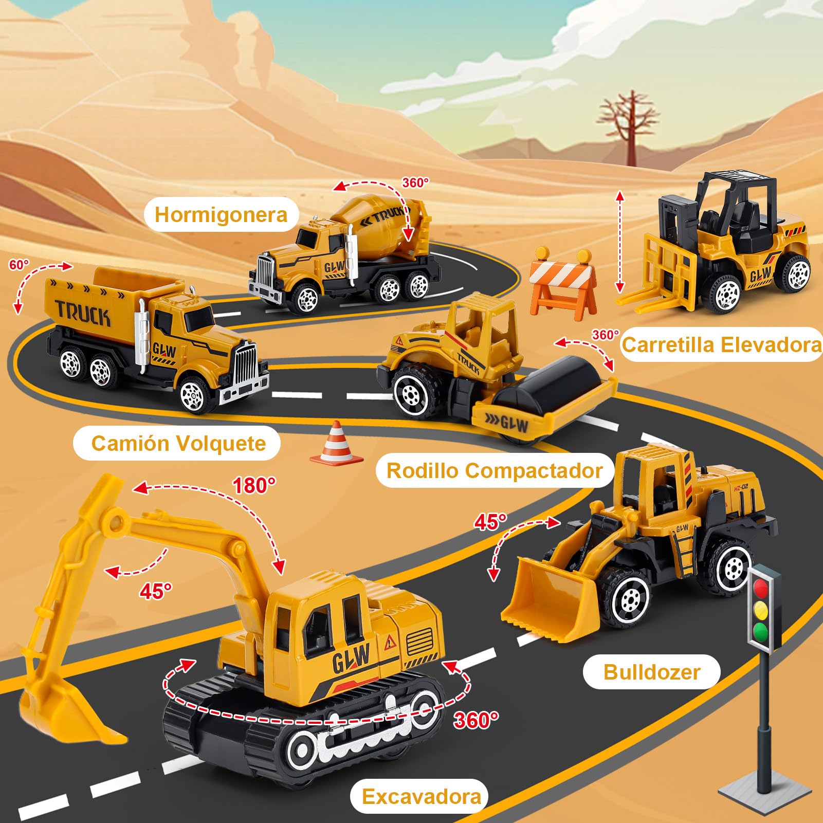 Juguetes para Niños 3 4 5 6 7 Años: Camión de Construcción con Luz y Sonido, Juguetes Didácticos y de Entretenimiento Incluye Excavadora, Bulldozer, Hormigonera, Regalo para Niños de 3 a 7 Años