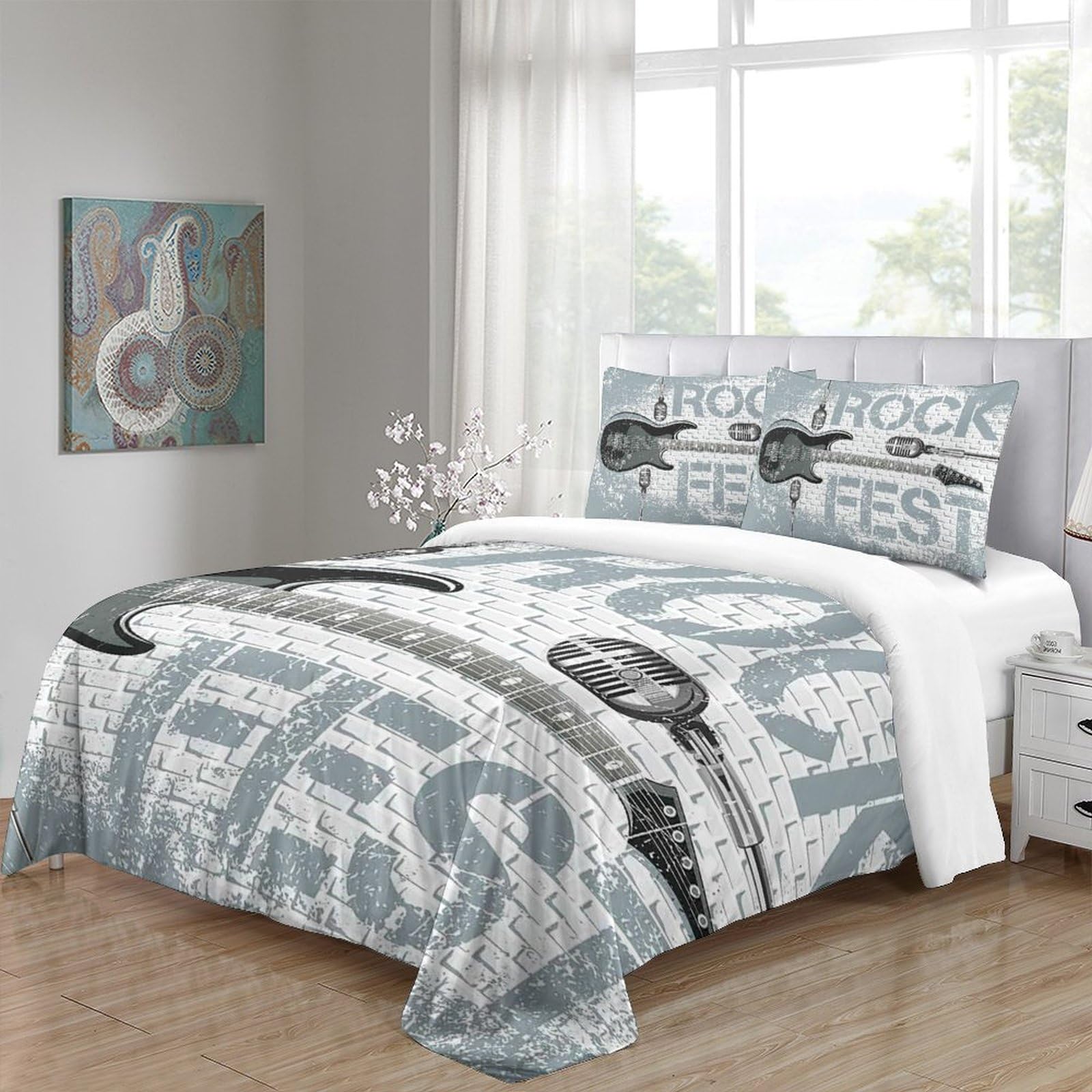 musica rock per chitarra 3D Stampa Coperta Letto 3pz Microfibra Facile Cura manifesto d'epoca Coperteletto 2 federe Zip nascosta Coppie Famiglia Super king（260x220cm）