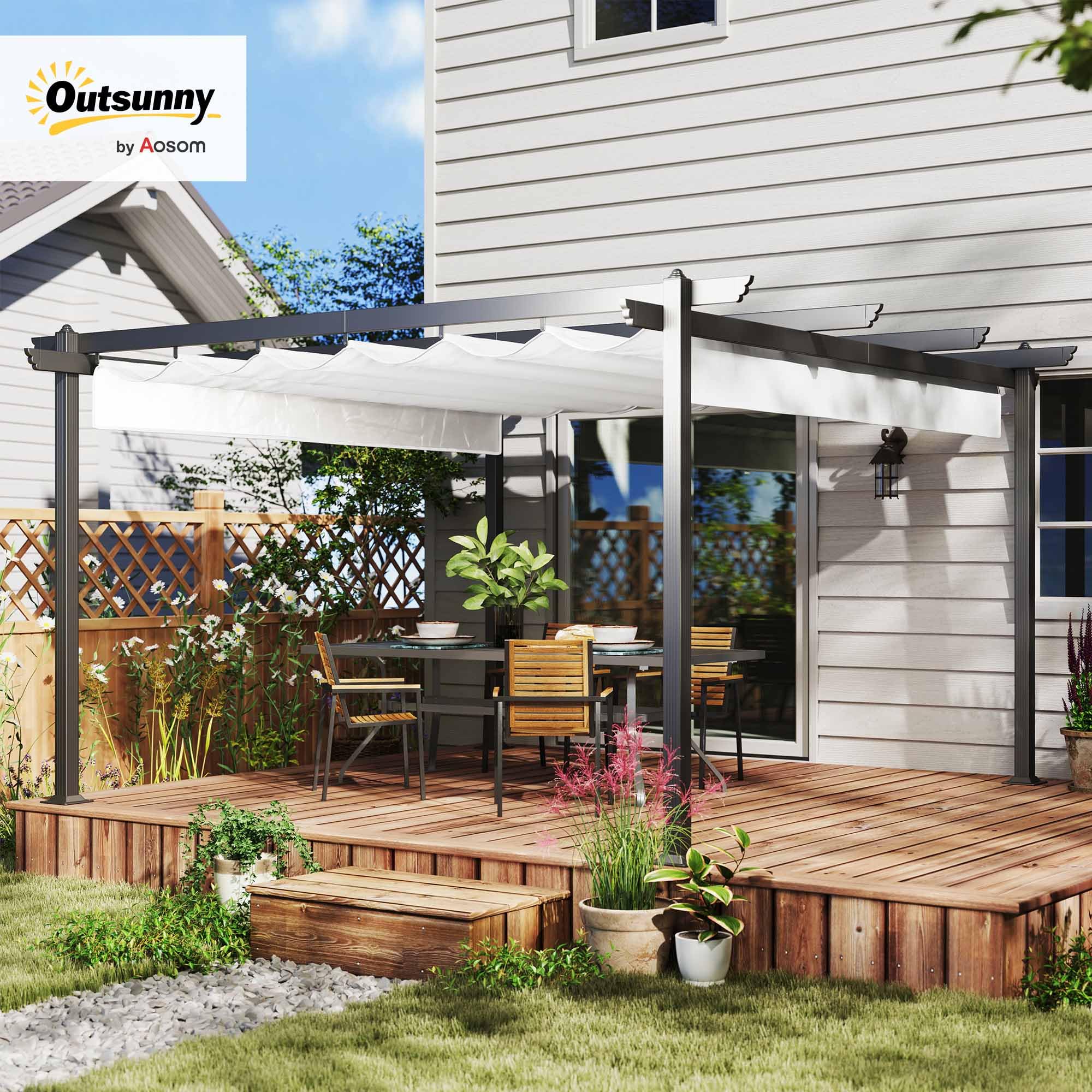 Outsunny Gazebo Pergola 4x4 m Retrattile Struttura Alluminio Bianco | Pergolato, Telo Resistente Richiudibile, Giardino, Terrazzo, Balcone, Veranda, Patio, Piscina, Esterno