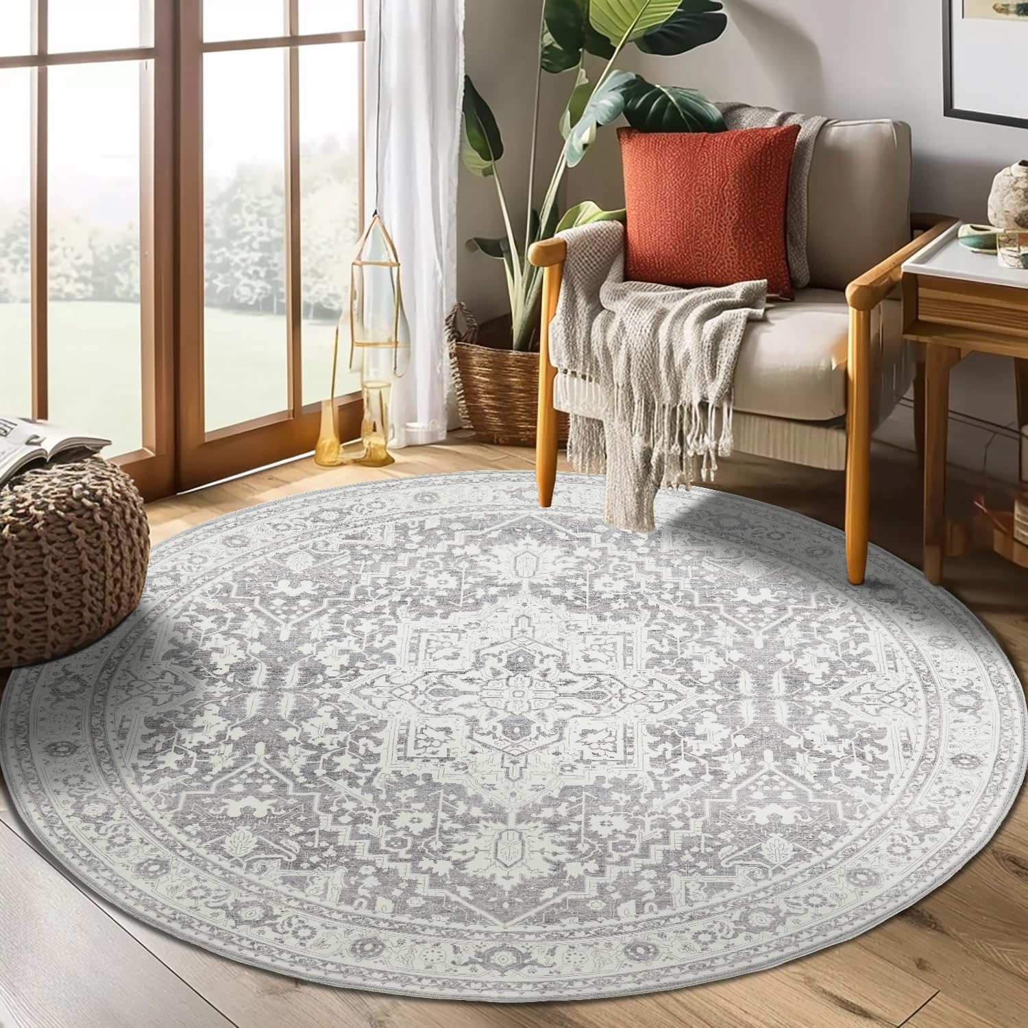 jinchan Round Rug 4ft, Bohemian Area Rug Indoor Hallway Circle Rug Washable Rug Vintage Floral Medallion Non Slip with Rubber Backing for Living Dining Room Entryway Light Grey