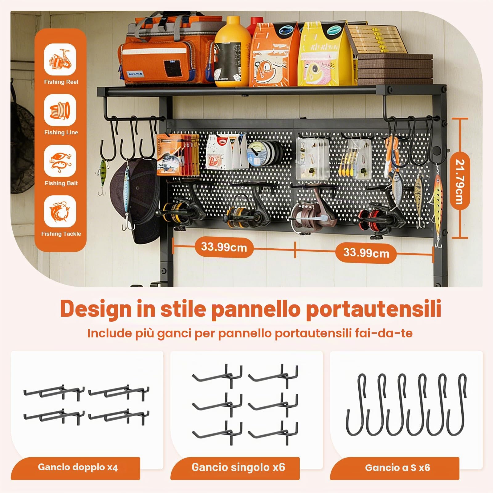 Bikoney Portacanne da Pesca Parete per Garage, Supporto Orizzontale per 6 Canne con Pannello Forato e Ganci, Rastrelliera Porta Canne Salvaspazio, Regalo per Pescatori Uomo Papà