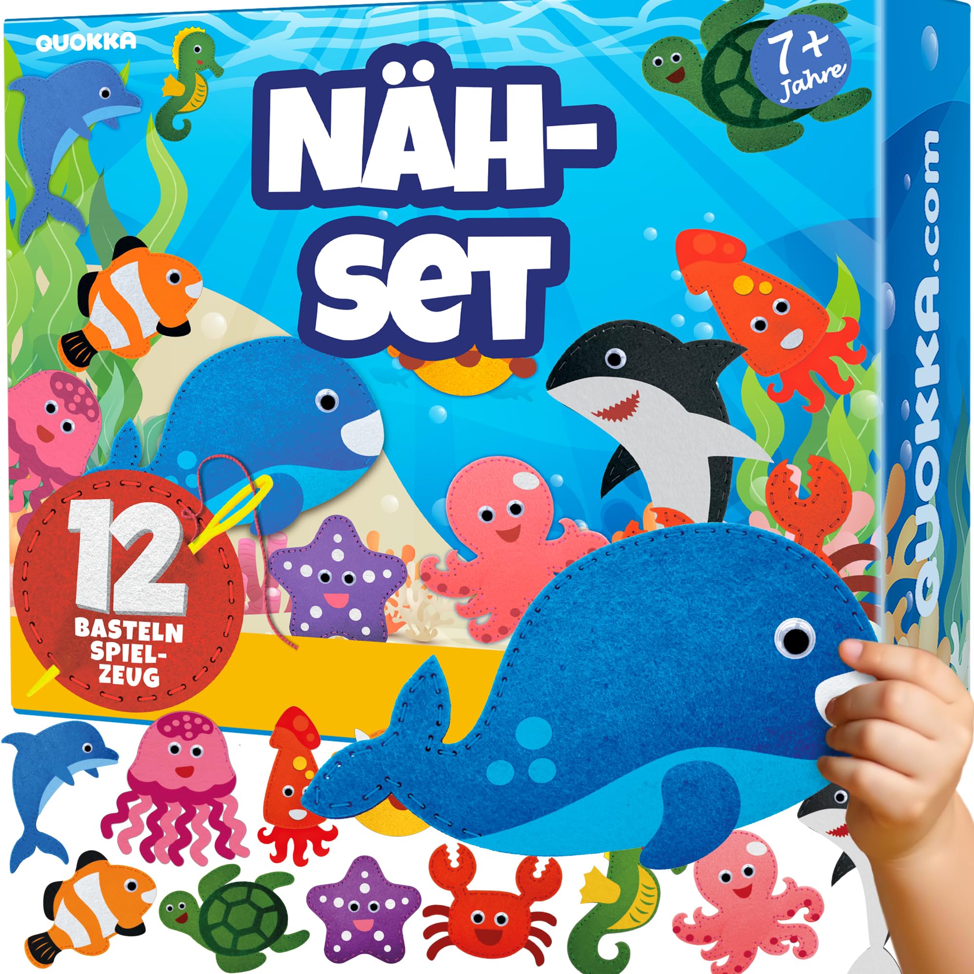 QUOKKA Bastelset Kinder ab 6-8 Jahre - DIY-Set mit Nadel und Faden für Anfänger - 12 Meerestiere Nähsets Basic - Filztiere Nähen ab 7-10 Jahre Mädchen und Junge