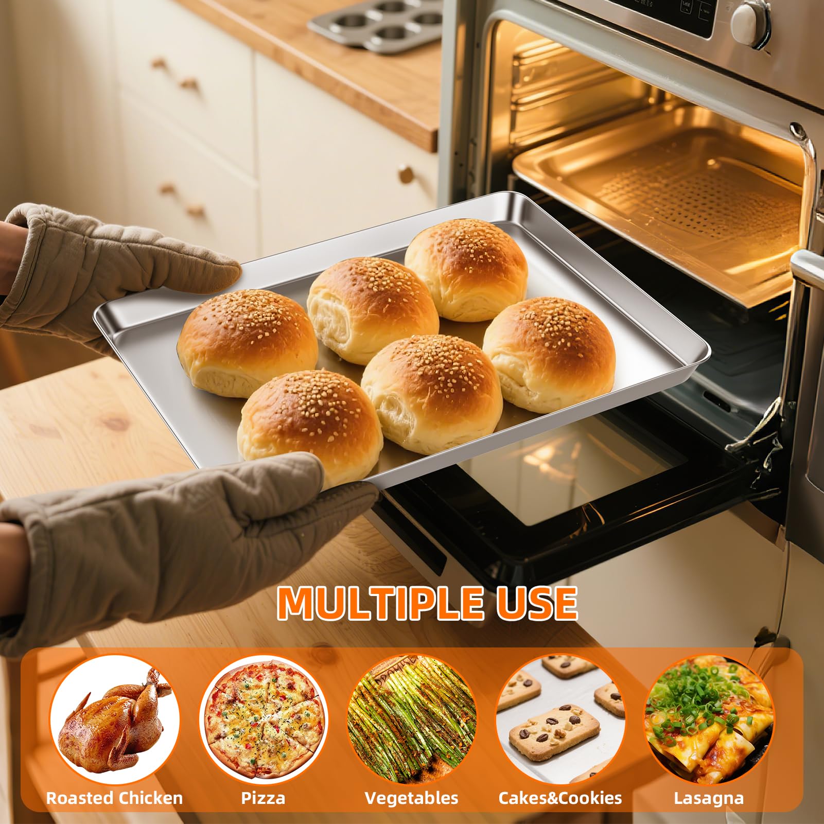 FoiiLiio 2 Pezzi Teglia Rettangolare in Acciaio Inox,Teglie da Forno in Acciaio Inox,40 x 30 x 2,5 cm,Professionale Teglia per Pizza Torte