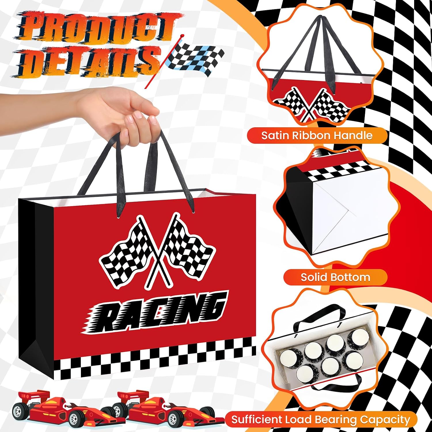 Racing Happy Birthday Gift Bag for Boys Large Black and Red Race Car Party Gift Bag with Tissue Paper and Greeting Card Checkered Flag Speed Theme Birthday Gift Wrap Bag for Kids Teens Men image 4