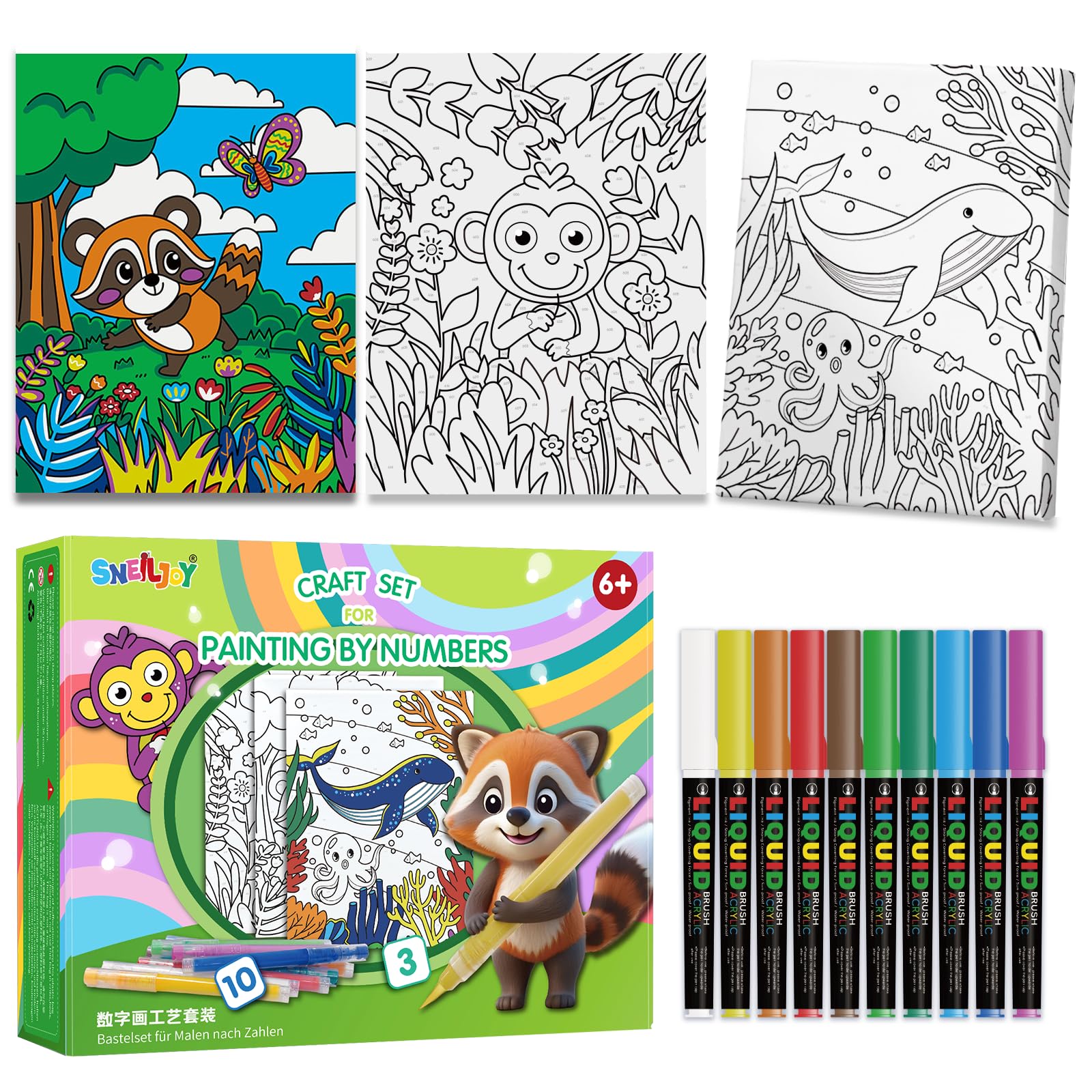 SNEILJOY 3 paquetes de pintura por números para niños, kit de pintura al óleo acrílica por números en lienzo, pintura de dibujo para decoración del hogar